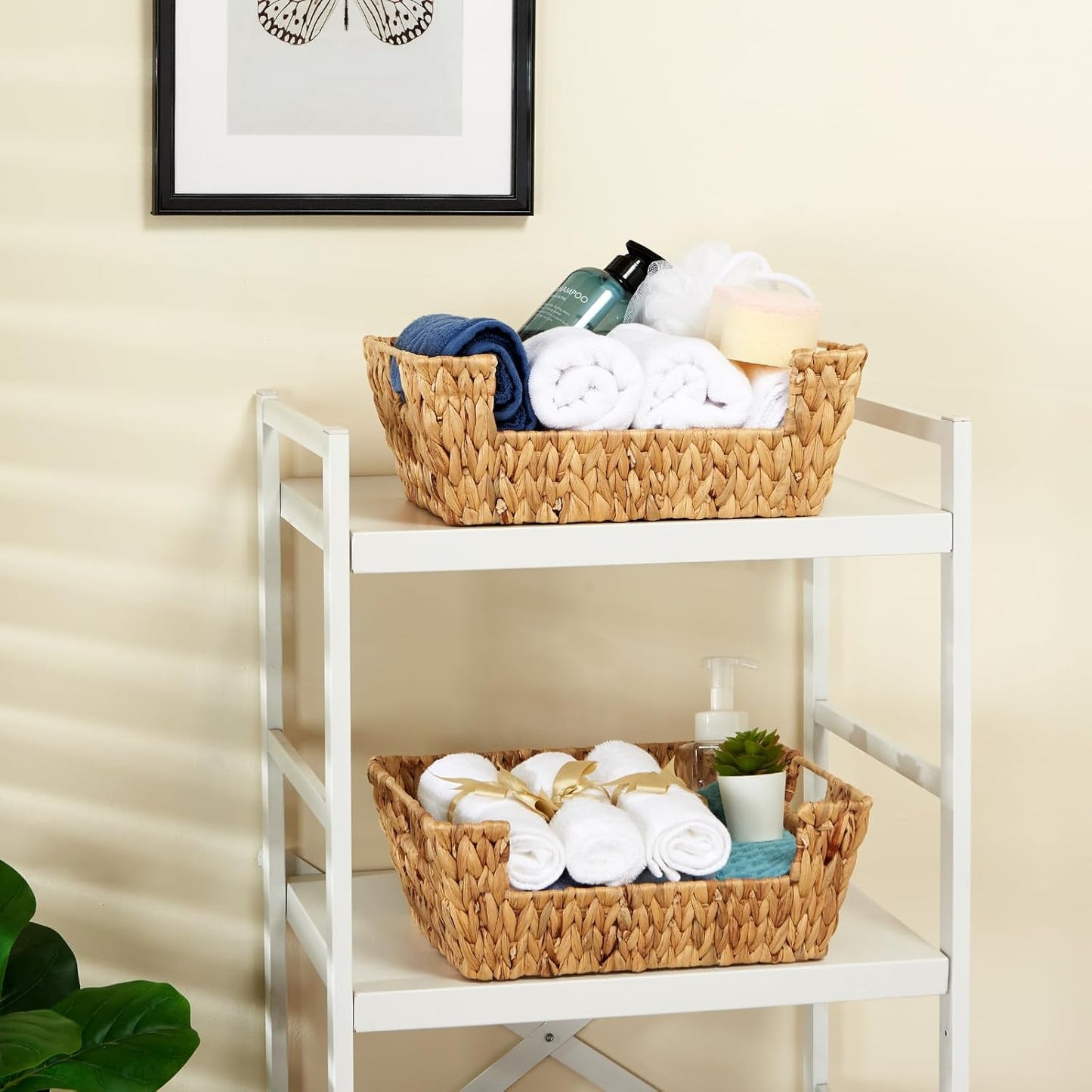 Water Hyacinth Wicker Basket 2 Pack With Handles - Pantry Storage and Organization, Handmade Large Natural Baskets for Organizing