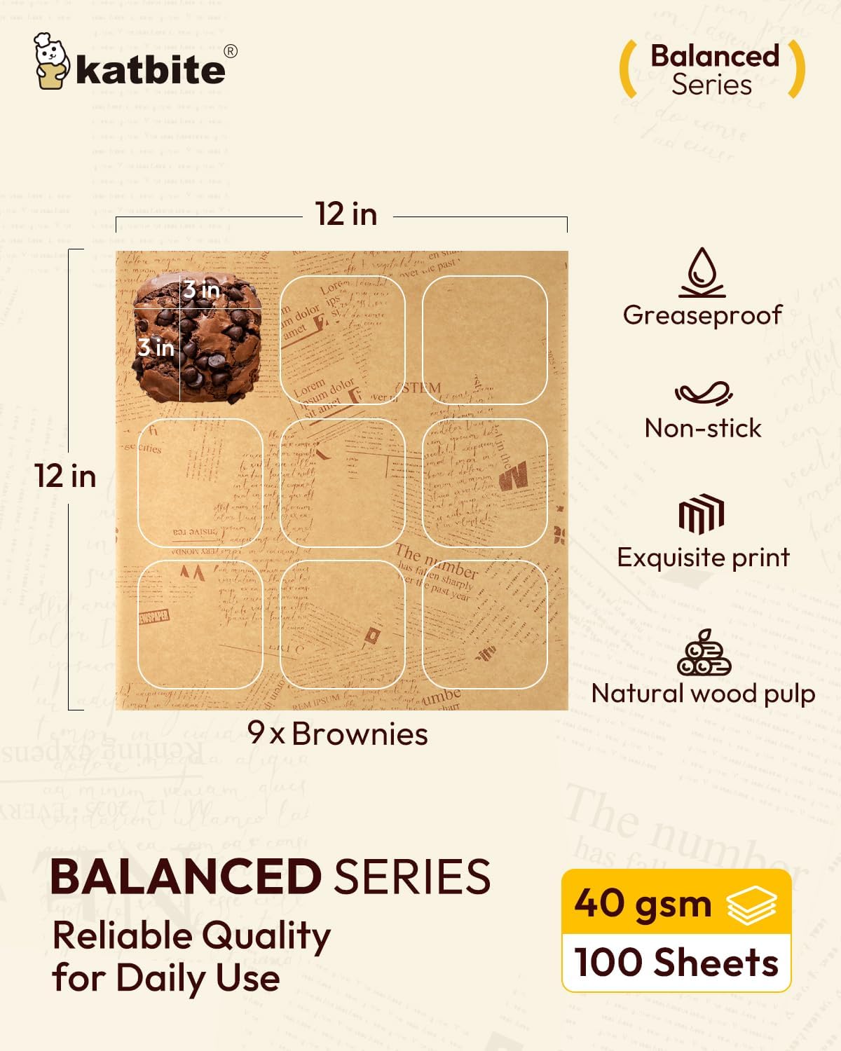 Katbite 100Pcs 12 In Food Wrapping Paper, New Pattern Heavy duty Deli Paper, Greaseproof & Non-stick Parchment Paper, Pre-cut Unbleached Parchment Paper is Perfect for Wrap Bread, Burger and Sandwich