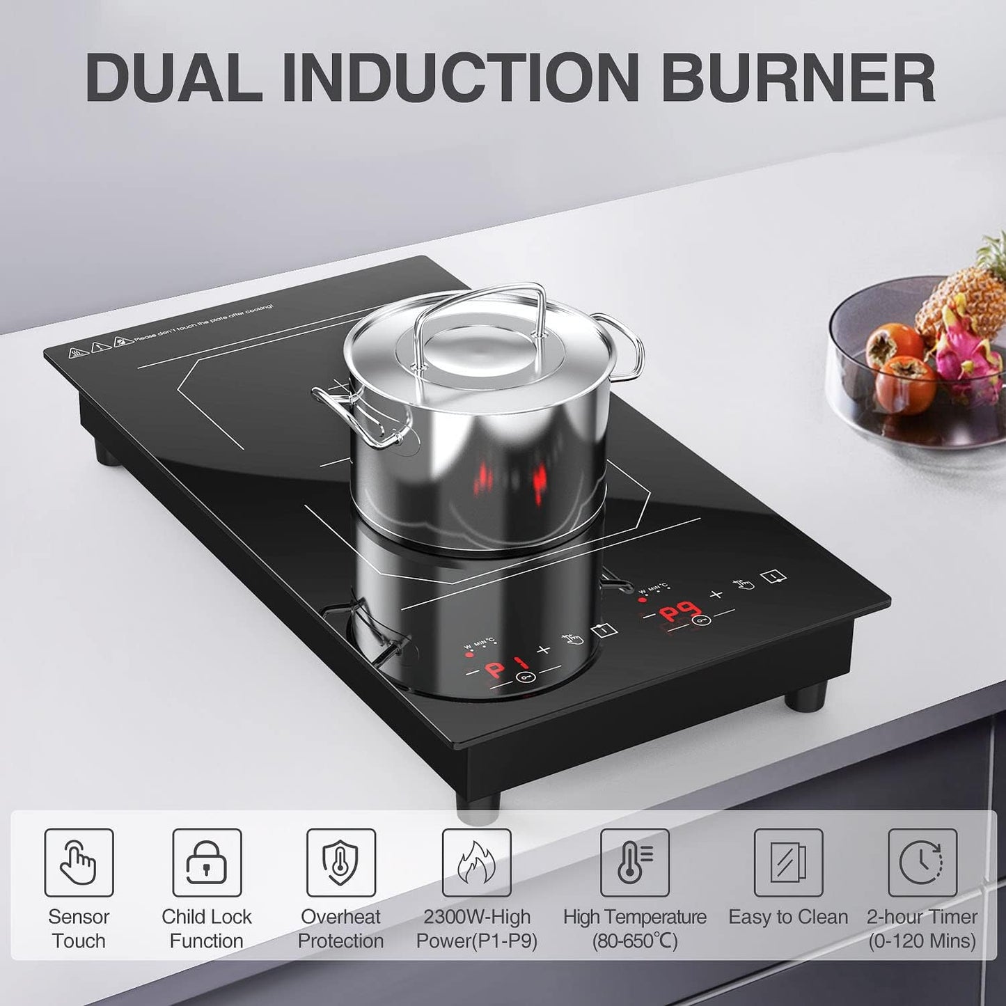 Double Induction Cooktop 2 Burner: 12 Inch 110v Built-in & Portable Electric Stove Top - 2300W Electric Cooktop with 9 Temp Settings, Countertop Cooktop for RV, Camping, Travel