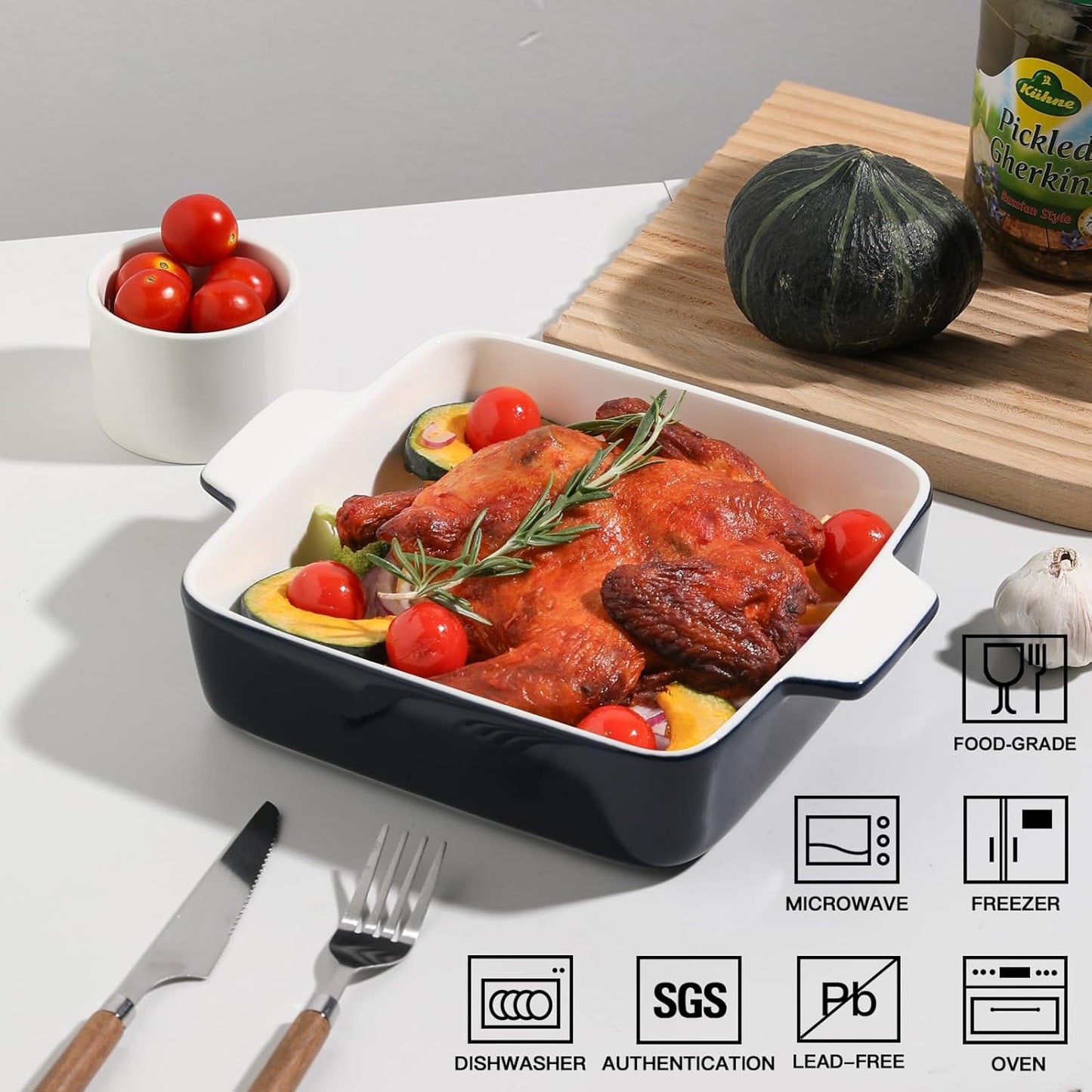 Sweejar Ceramic Baking Dish, 8 x 8 Cake Baking Pan for Brownie, Porcelain Square Bakeware with Double Handle for Casserole, Lasagna, Family Dinner (Navy)