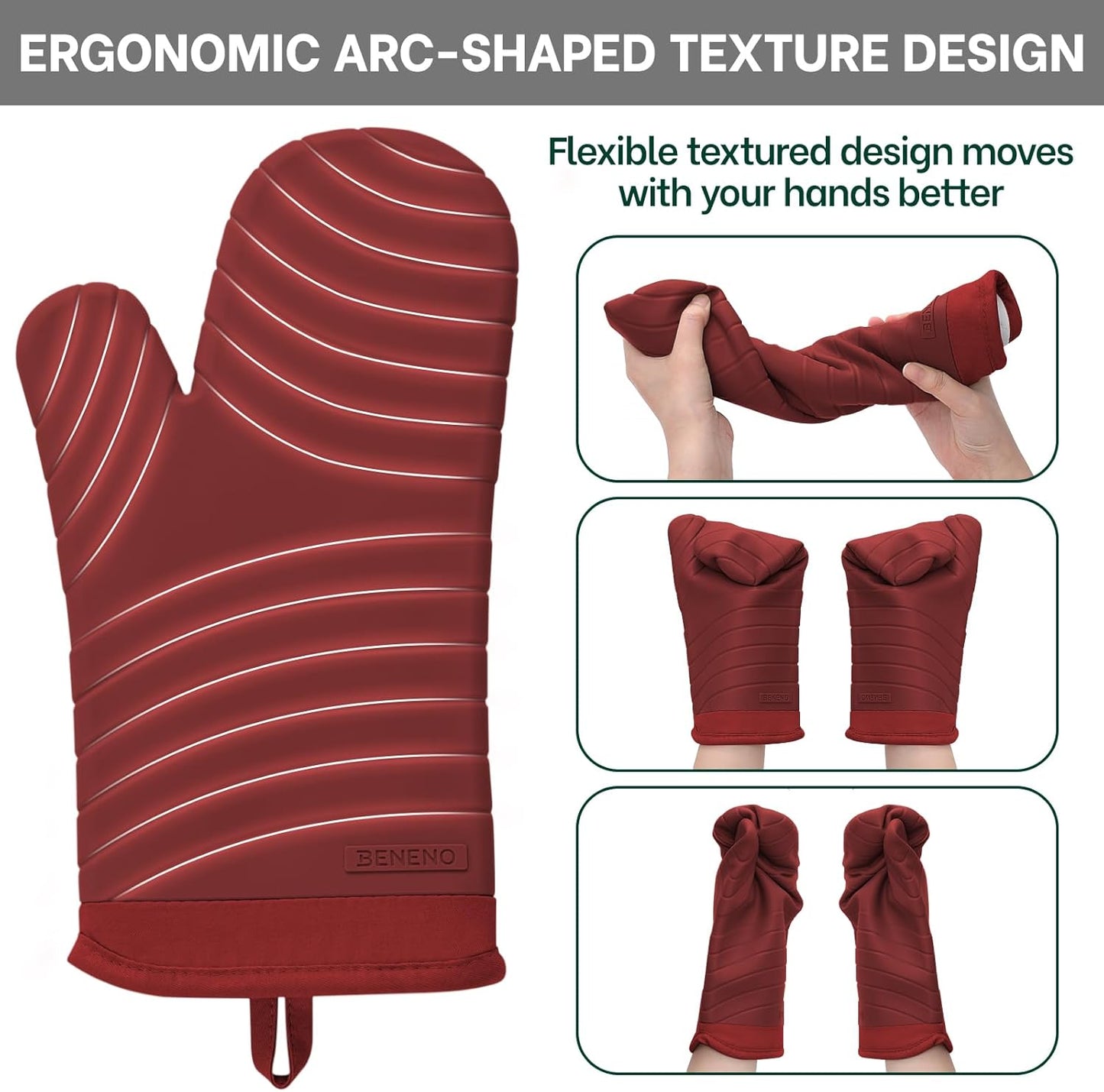 Beneno BPA-Free Silicone Oven Mitts, Heat Resistant Waterproof Oven Mitts with Non-Slip Textured Grip, Comfortable Quilted Lining, Kitchen Pot Holders for Cooking, Baking, Grilling, 7"x13", 2Pcs Red