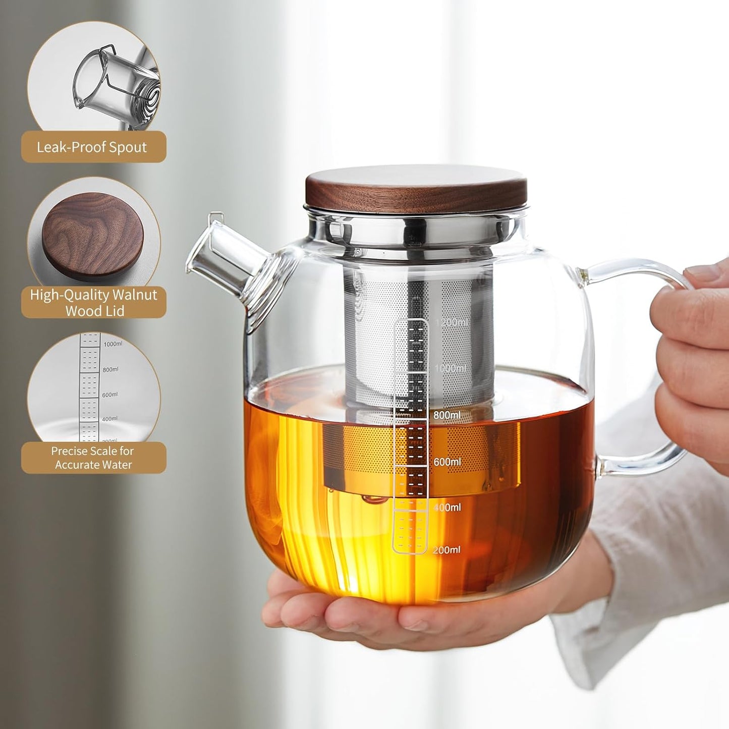 Glass Teapot With Stainless Steel Infuser 1200ml, Glass Tea Pot, Loose Leaf Tea Kettle, Glass Kettle Stovetop, Teapot With Strainer, Tea Infuser Pot Glass Teacup Tea Cups For Blooming Tea