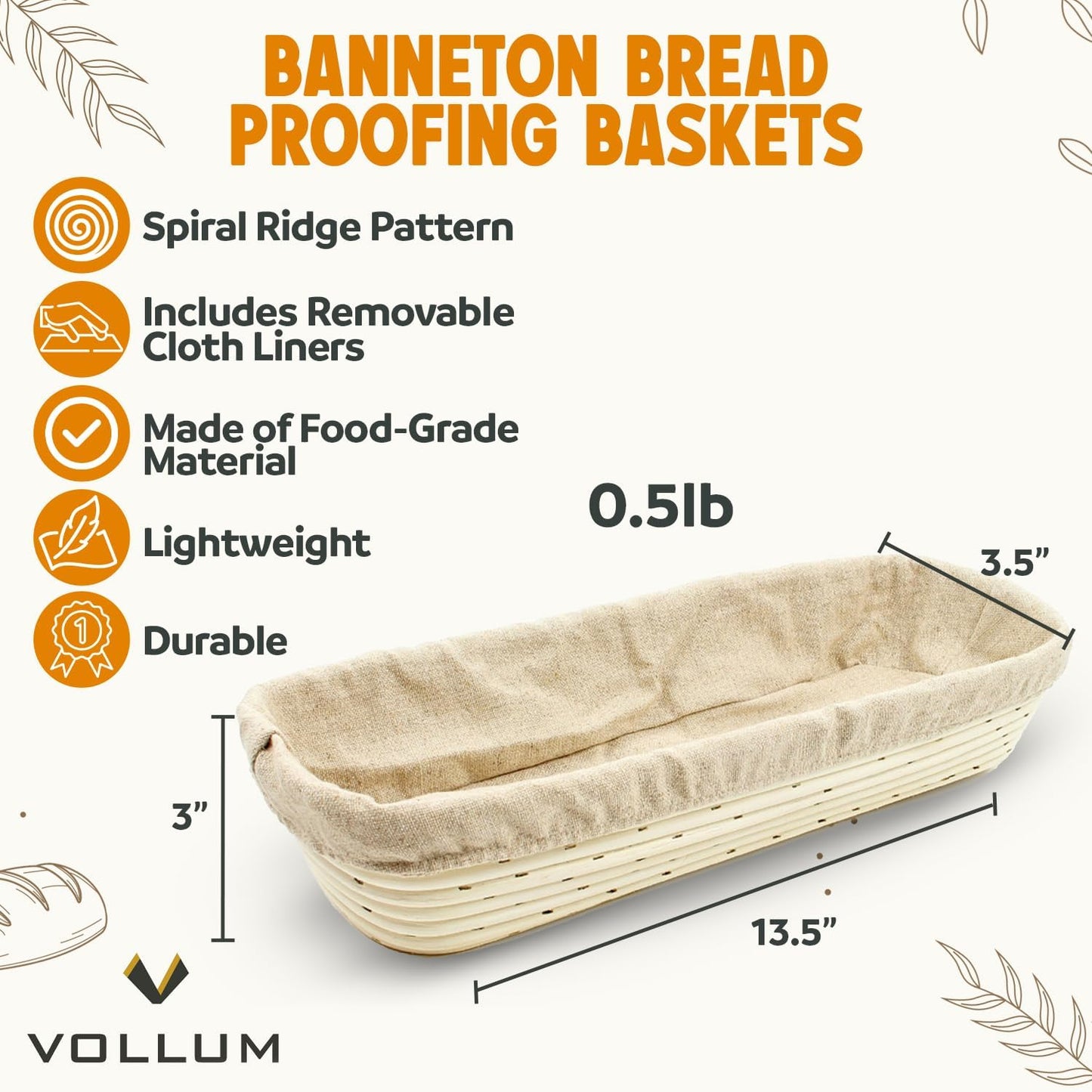 Banneton Bread Proofing Basket Sourdough Proofing Basket for Beginners & Professional Bakers, Handwoven Rattan Cane Bread Maker for Artisan Breads, 13.5 Inch x 3.5 In x 3 In, 0.5-lb Rectangular