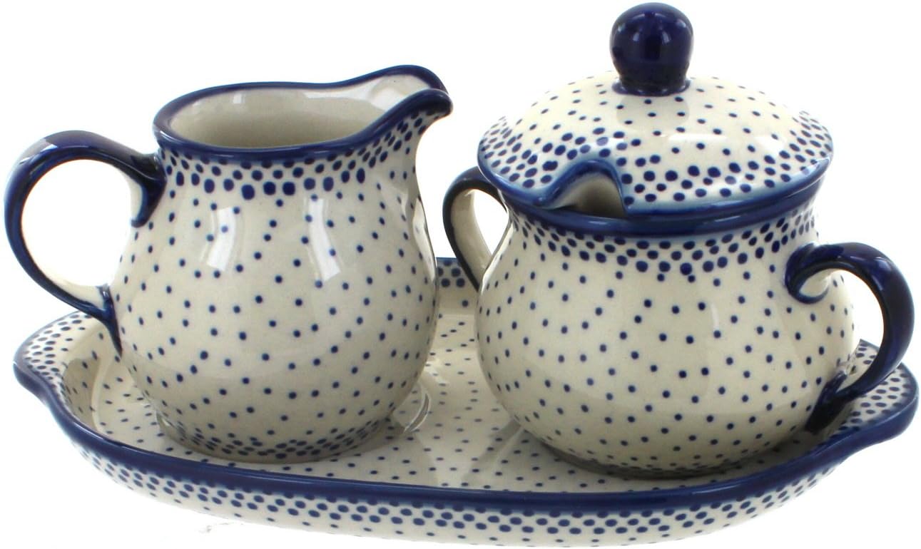 Blue Rose Polish Pottery Small Dots Sugar & Creamer with Tray