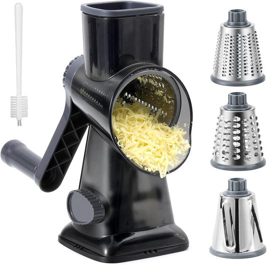 HANSGO Rotary Cheese Grater, Hand Crank Cheese Shredder, Vegetable Slicer for Kitchen, 3 Interchangeable Blades for Potatoes Carrots Onion Zucchini Nuts Chocolate Fruits, Black