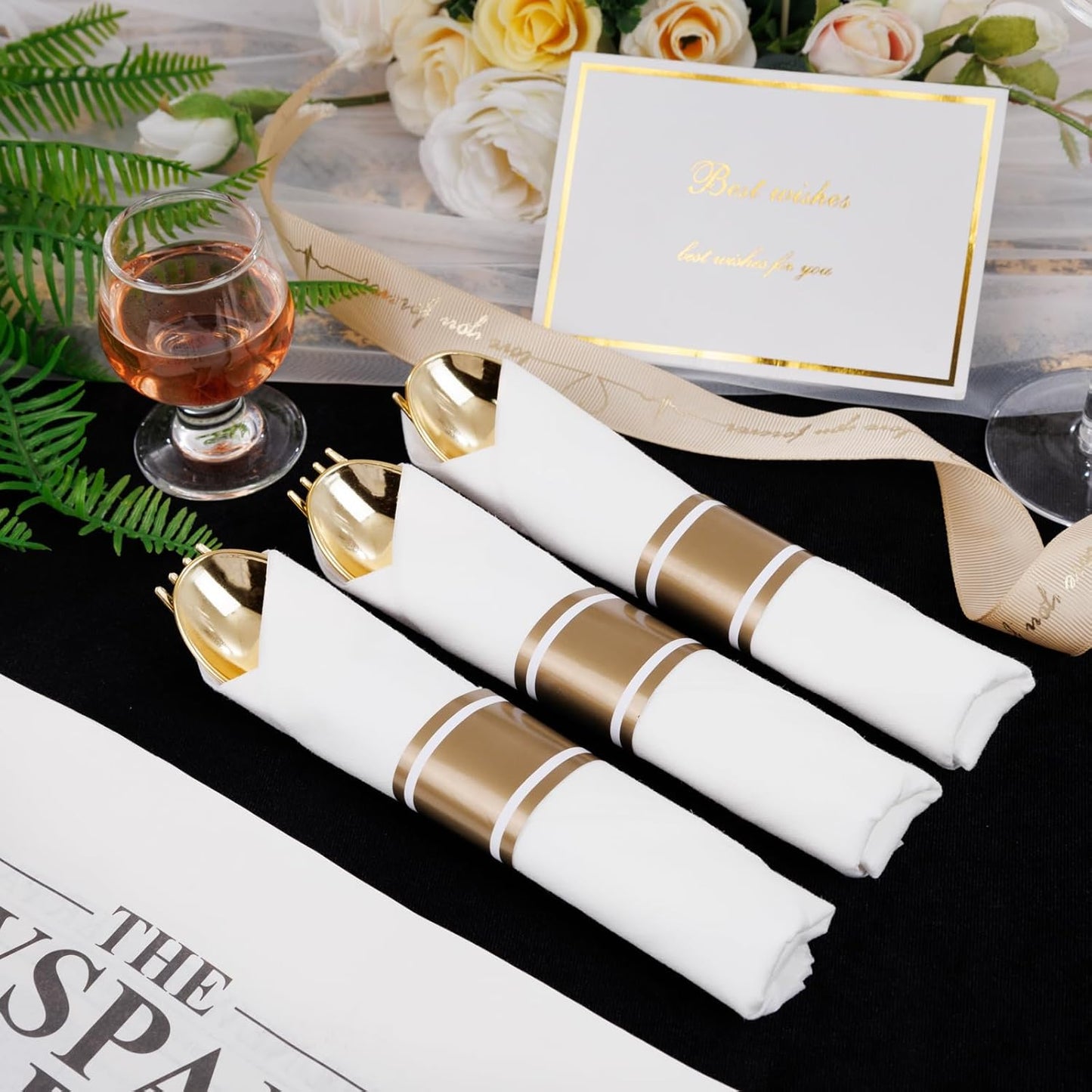 400PCS Pre Rolled Gold Plastic Silverware Sets - Heavy Duty Hammered Gold Cutlery Include 100 Pack Wrapped Disposable Utensils with Napkins for Parties, Dinners & Weddings