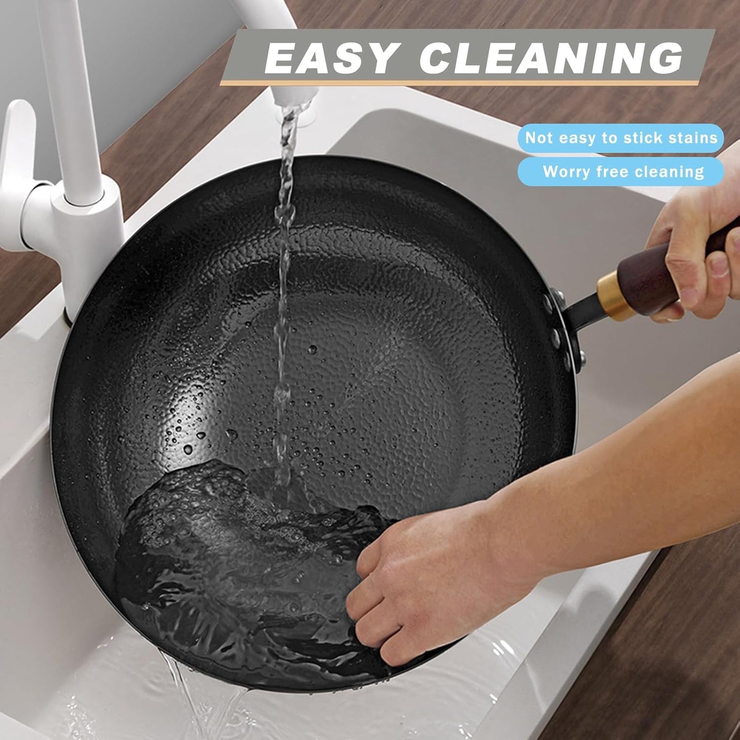 Carbon Steel Pan, 12.5″ Woks & Stir-Fry Pans with Wooden Lid Cookwares, Nonstick Wok, No Chemical Coated Flat Bottom Hand Hammered Chinese Wok For Gas