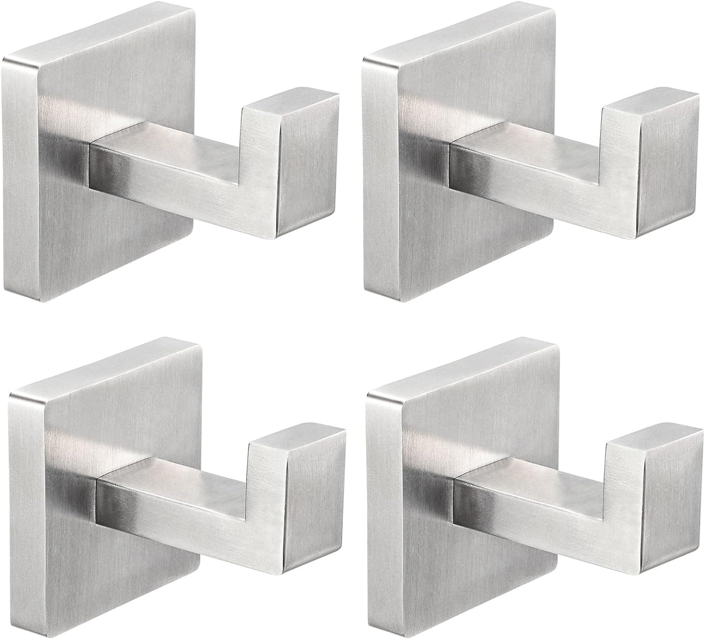 IBosins 4 Pack Towel Hooks Hand Towel Holder for Bathroom Wall Livingroom Bedroom Kitchen Closet Heavy Duty Stainless Steel Hook Hanger for Robe, Bath Towel, Coat (Square Brushed Silver)