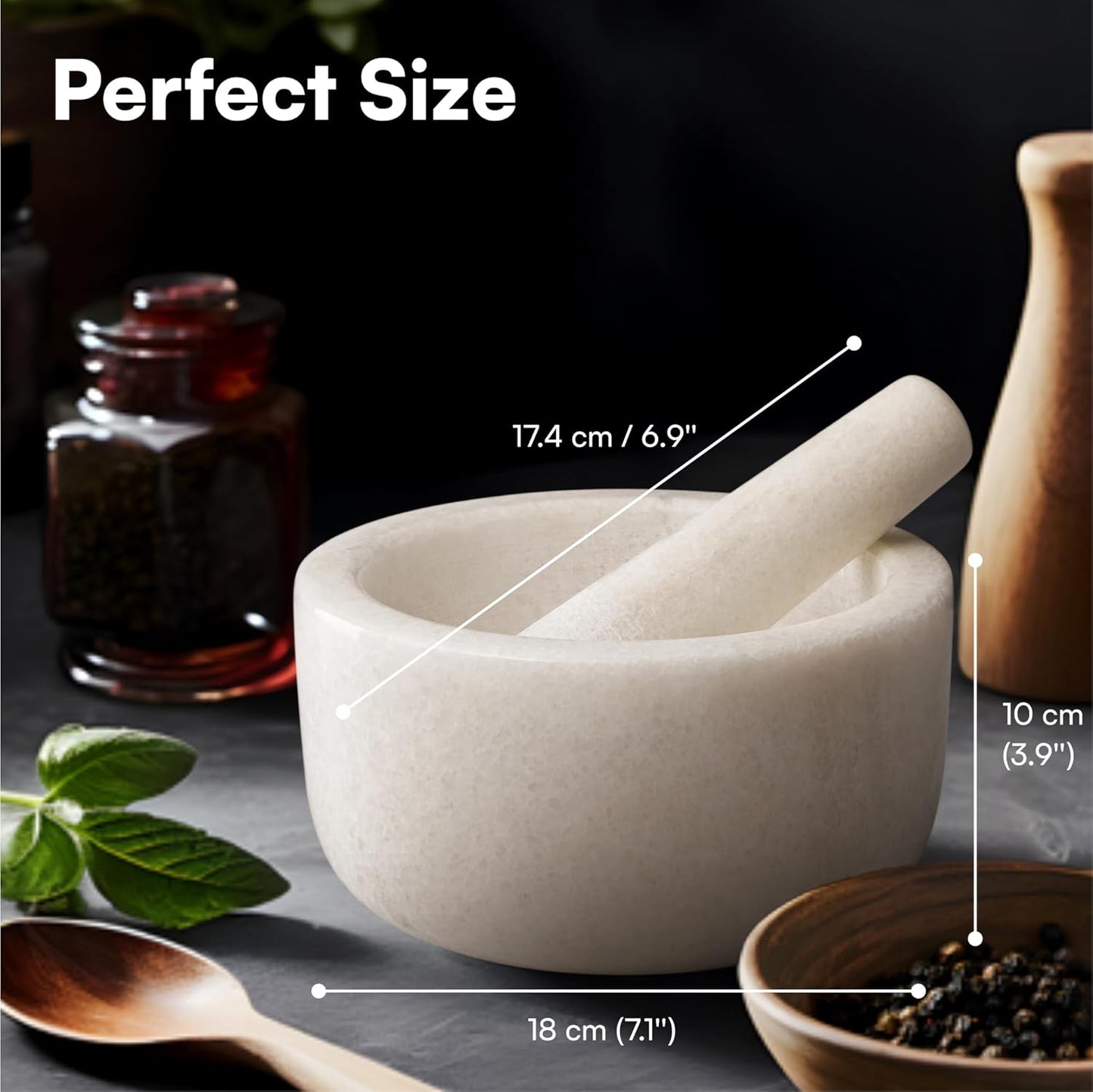 H&S Alliance Mortar and Pestle Set - Premium Stone Pestle and Mortar Bowl & Grinder - Spice Herb Crusher Pesto Guacamole Maker for Kitchen - 7.1" (18cm) Diameter - White Marble