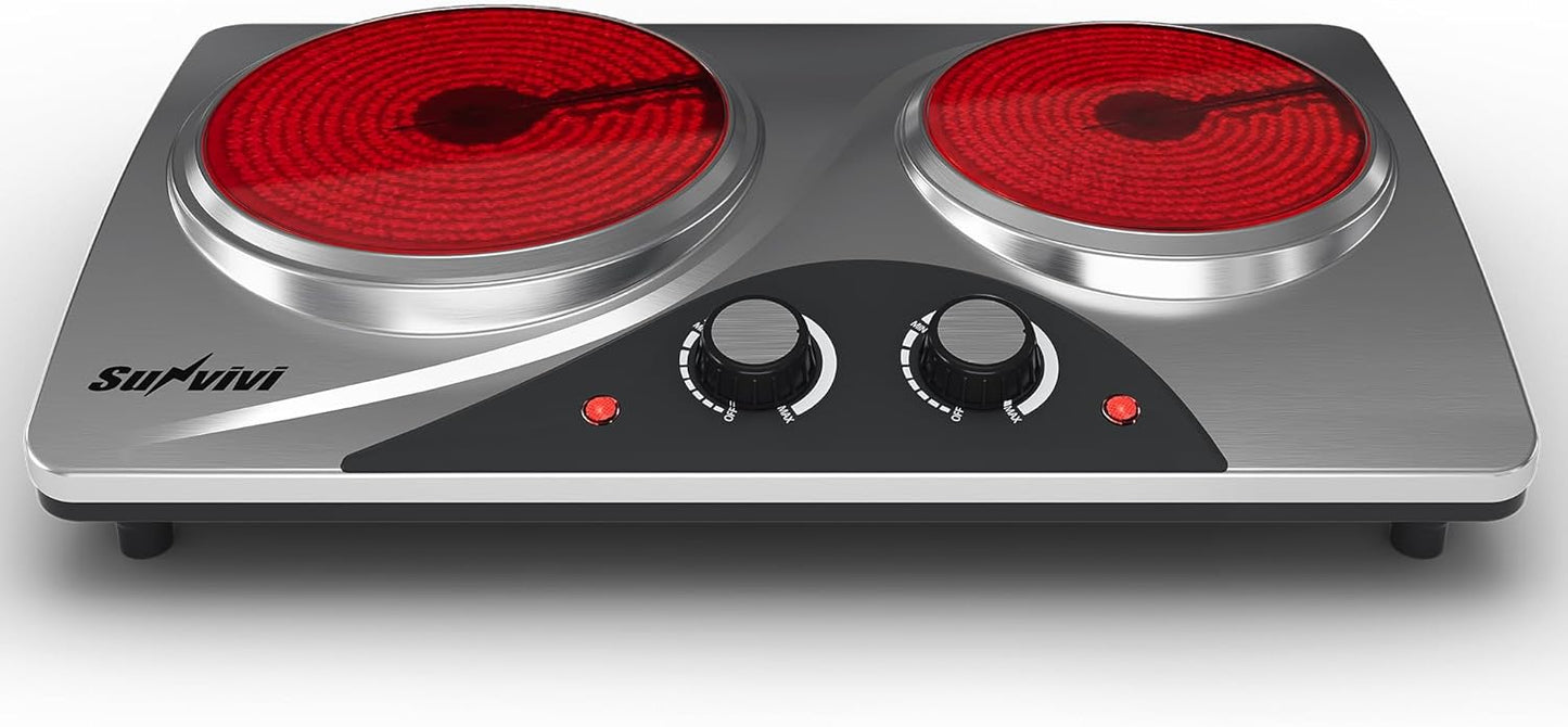 Sunvivi 1800W Dual Burner Portable Electric Ceramic Stove – Knob Control, Indicator Light, Compatible with All Cookware, Ideal for Multiple Cooking Scenarios, Silver