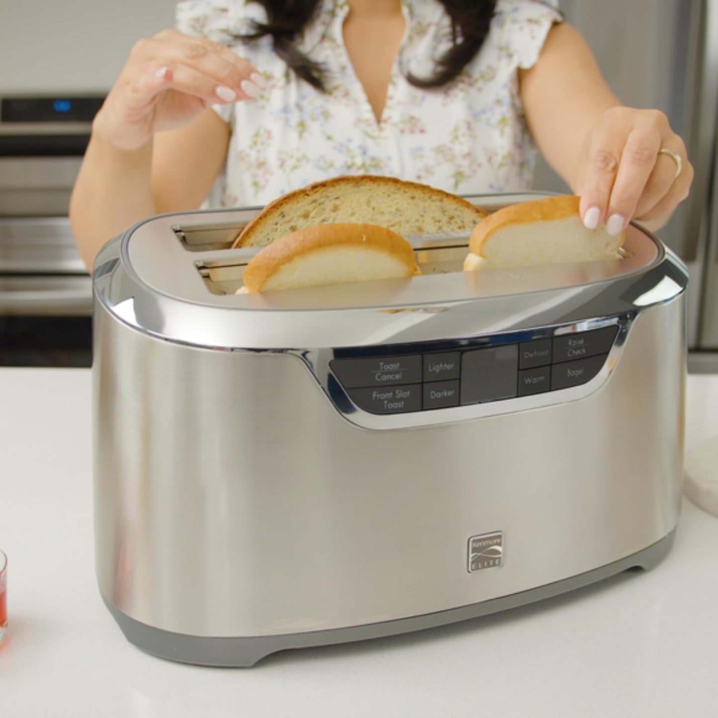 Kenmore Elite toaster 4 slice - long slot countertop kitchen appliance, tostadora de pan, front toast option, easy clean crumb tray, digital control, modern stainless steel design, bread bagel waffels