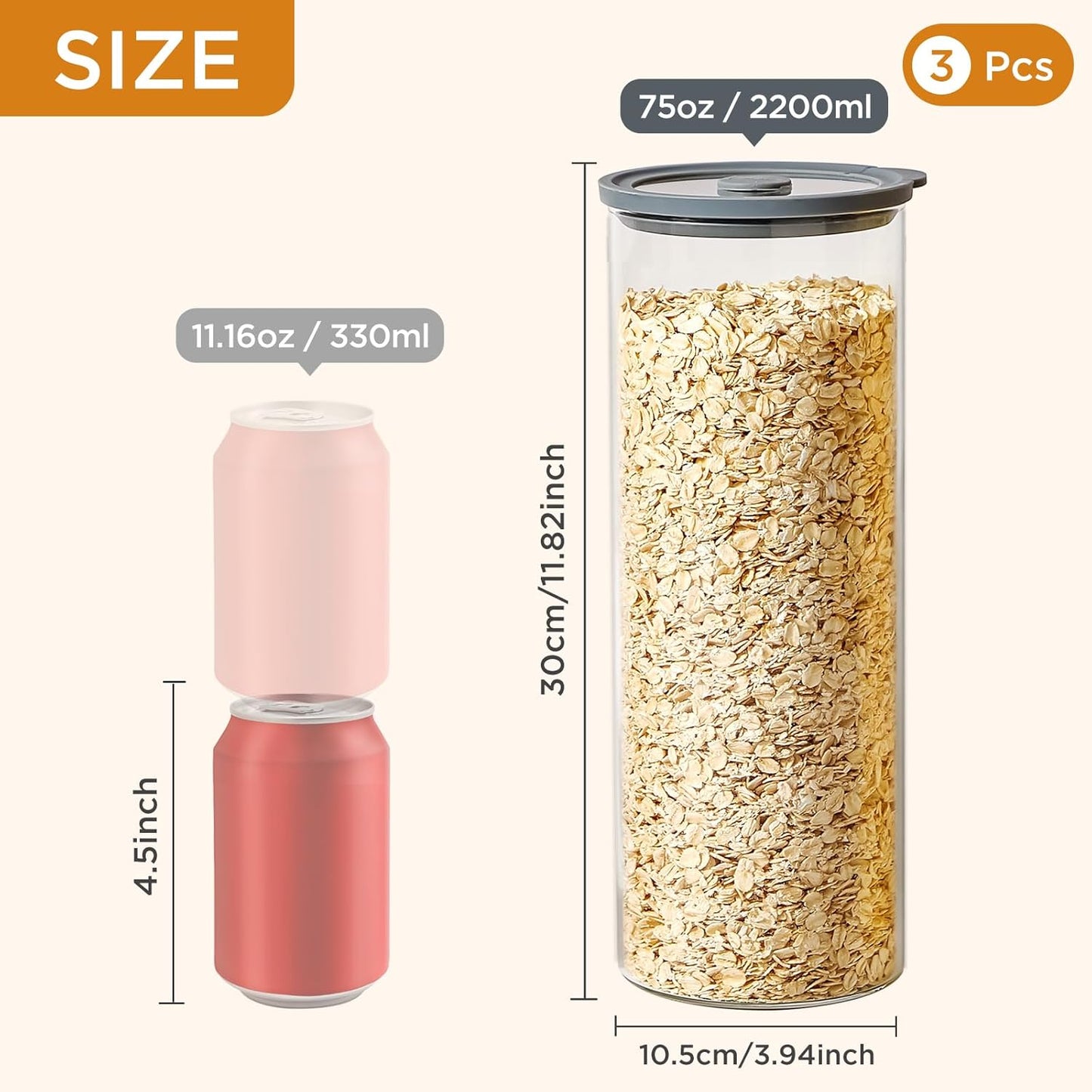 Glass Food Storage Jars with Lids[Set of 3], Perfect for Pasta, Cookies, Nuts, Coffee, Cereal, Flour, and More, Organize Your Kitchen with these BPA-Free Glass Jars with Silicone Lids