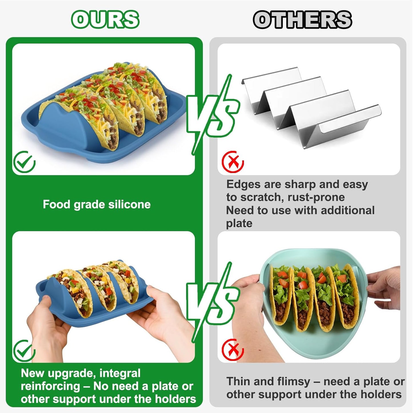 Juome Upgraded Silicone Taco Holder 2 Packs - Reusable Taco Plates with Dividers, Taco Rack Holders Stand for Hard/Soft Taco Shell Holder, Taco Party Serving Tray Plates, Dishwasher & Microwave Safe
