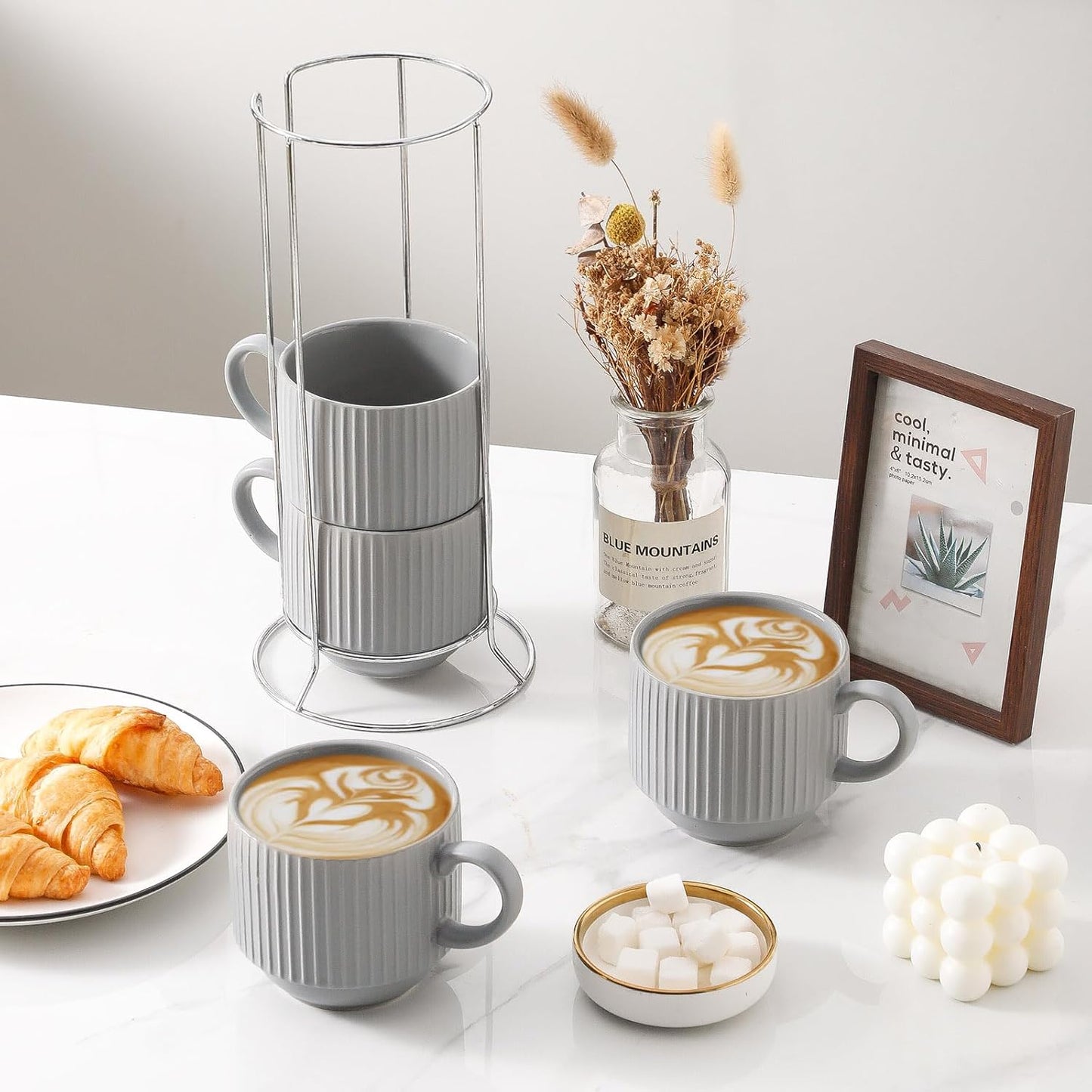 Hasense Coffee Mugs Set, Stacking Tea Cups Set of 4 with Holder - 15 oz Large Ceramic Ribbed Latte Cup Set for Cappuccino, Tea, Hot Cocoa, Drinks - Dishwasher & Microwave Safe, Grey