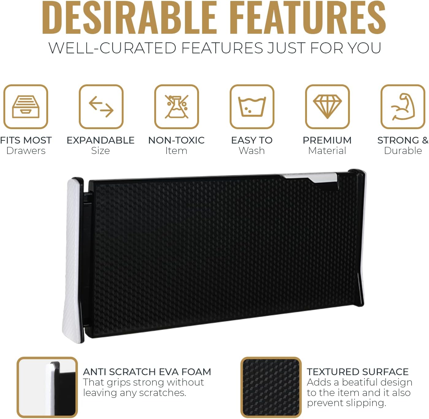 RAPTUROUS Adjustable Drawer Dividers, 6" Tall, Expandable 13-22", 4-Pack, Non-Slip for Deep Drawers in Kitchen, Bedroom, Office, and Nursery (Black)