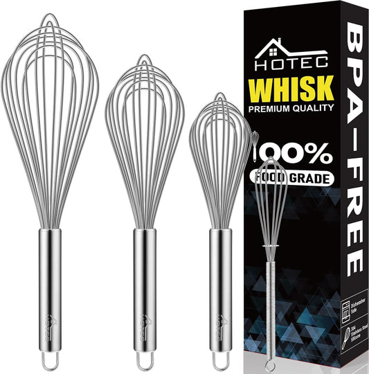 HOTEC 4 Pieces Stainless Steel Whisks Set Wire Whisk Balloon Whisk Egg Beater Kitchen Utensils for Stirring, Beating, Blending