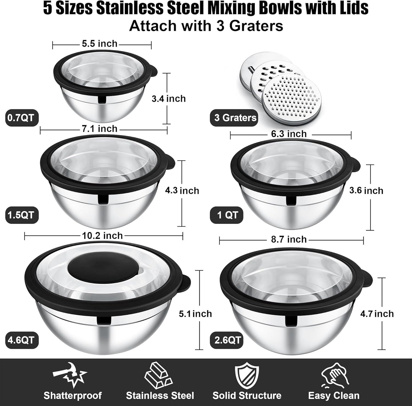 E-far Mixing Bowls Set of 5, Stainless Steel Salad Mixing Bowl with Transparent Lid, Metal Nesting Bowl Attach with 3 Graters for Kitchen Prepping/Serving/Baking/Storage, 4.6/2.6/1.5/1/0.7 QT - Black