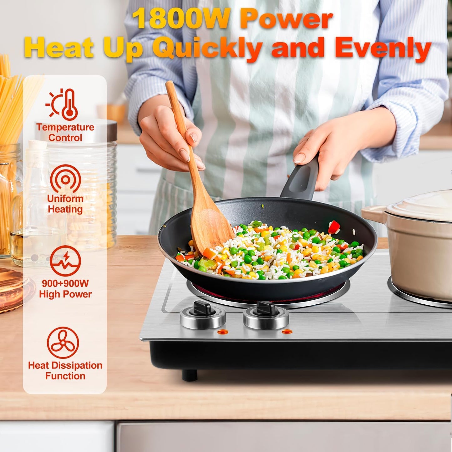 Hot Plate,Cusimax Dual Infrared Burner, Electric Ceramic Glass Stove,Adjustable Temperature Control,Stainless Steel,Compatible of all Cookware,Easy Clean for Home, Dorm, Office