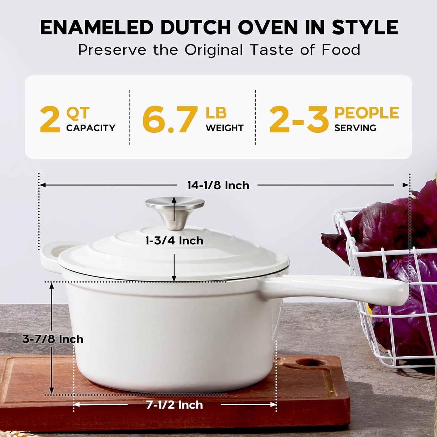 2 Quart Saucepan Dutch Oven, Onader Enameled Cast Iron Sauce Pan Pot with Lid, Small Cooking Kitchen Pot, Nonstick & Oven Safe – White