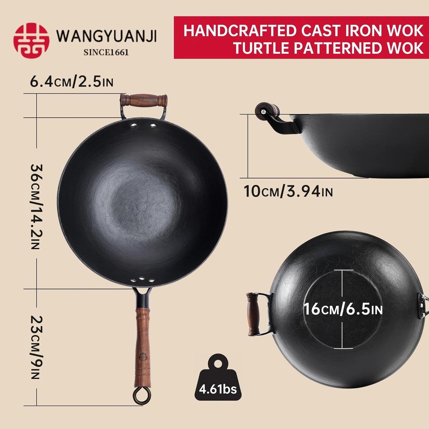 WANGYUANJI Cast Iron Wok,14.1 inch Flat Bottom Wok with Glass Lid,Suitable for All Cooktops, Uncoated Craft Pot Healthy Cooking Pot
