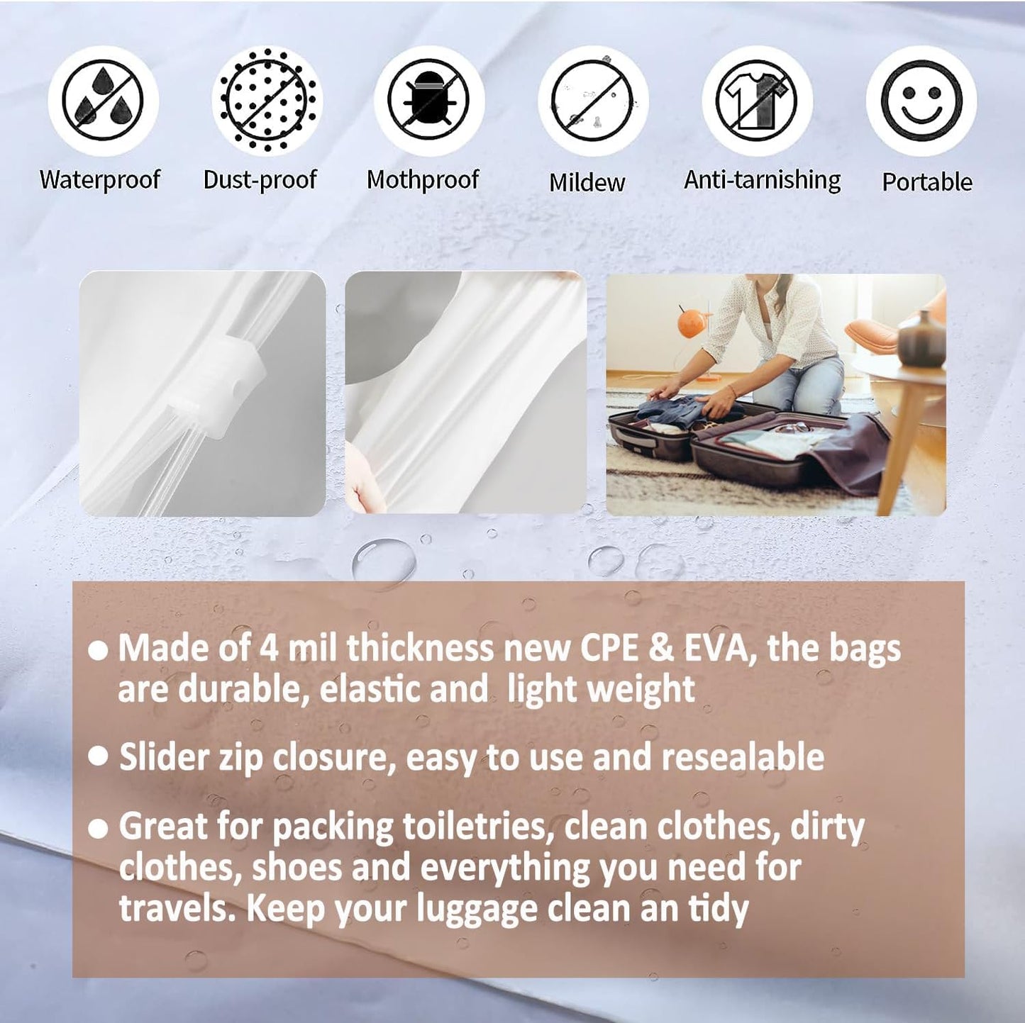 (20 pcs, 4 Sizes) Travel Luggage Organizer Bags, 4 Mil Slider Zip Plastic Clothing Packaging Bags, Travel/Home Storage and organizing pouches, Space Saver Bag (6''x9''-14‘’x18'')