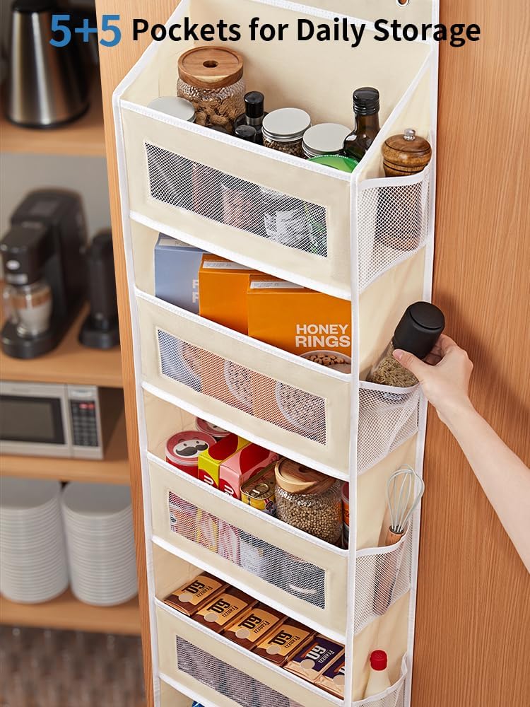 JARLINK 2 Pack Over The Door Organizer Storage, 5 Shelf Hanging Door Organizer with 5 Large Capacity Pockets, Anti Tilt 44 lb Load Behind Door Storage for Bedroom, Bathroom, Pantry, Nursery, (Beige)