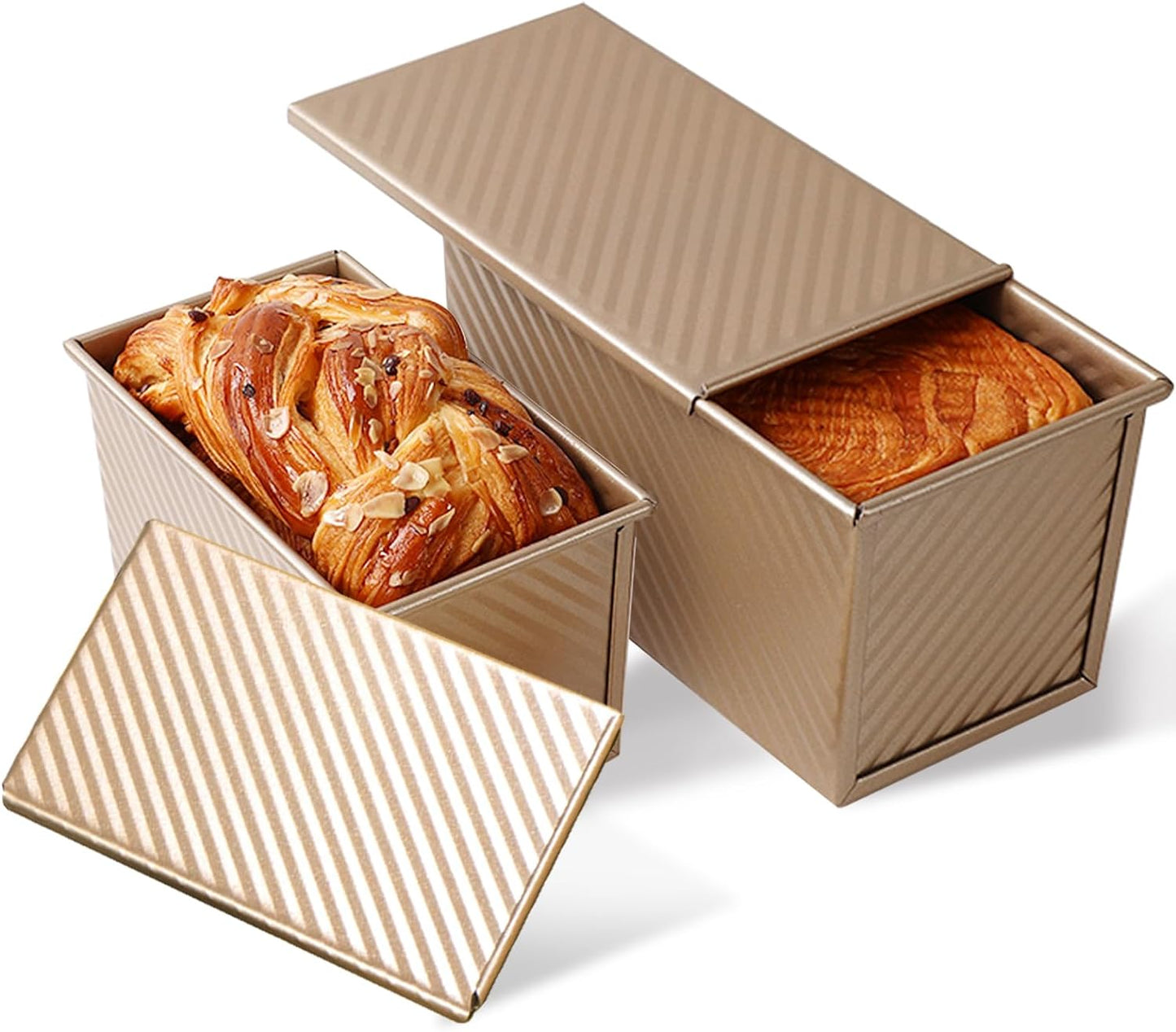 2 Pack Pullman Loaf Pan with Lid, 1 lb/0.5 lb Dough Capacity, Carbon Steel Corrugated, Non-Stick Sandwich Bread Loaf Pan with Lid
