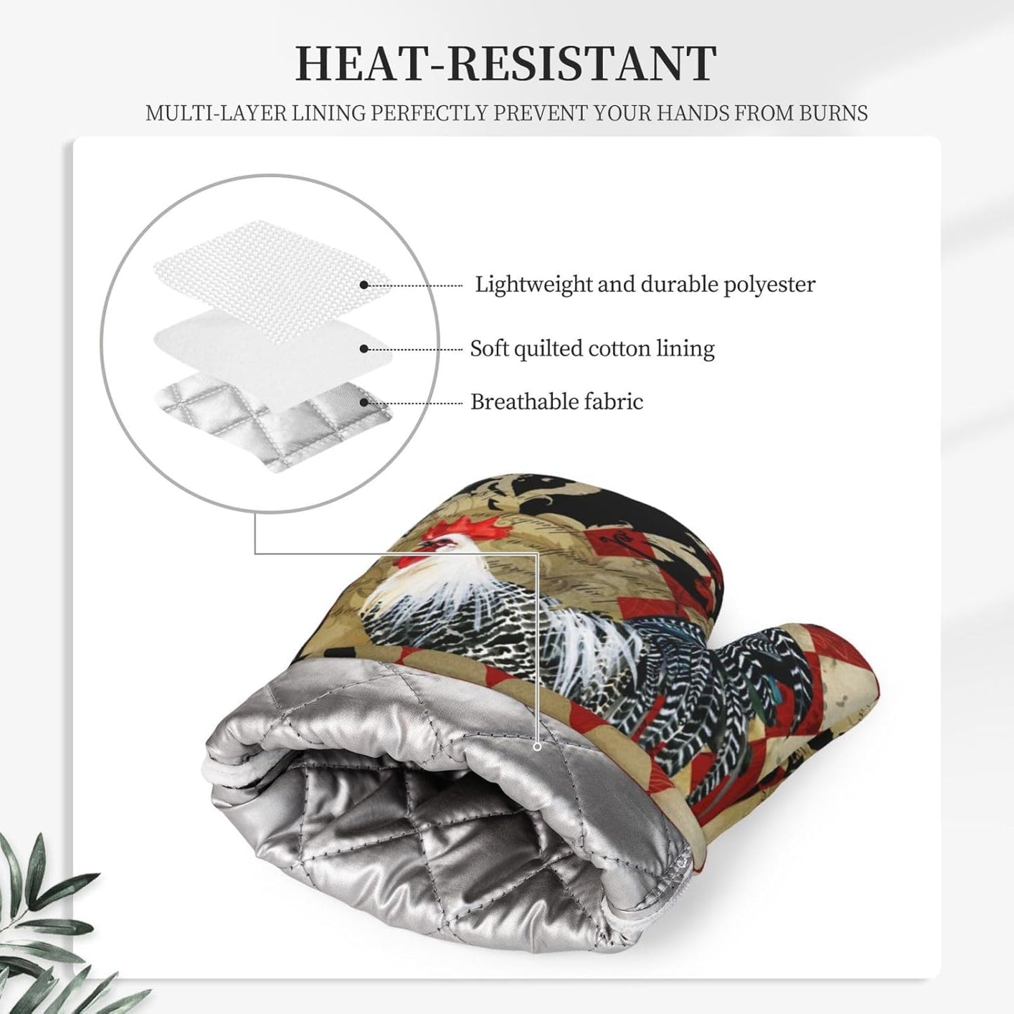 Rooster Print Oven Mitts and Pot Holders Sets Silicone Rooster Kitchen Mitts Potholders Heat Resistant 4Pcs Oven Gloves Hot Pads for Kitchen Baking Cooking BBQ Grilling