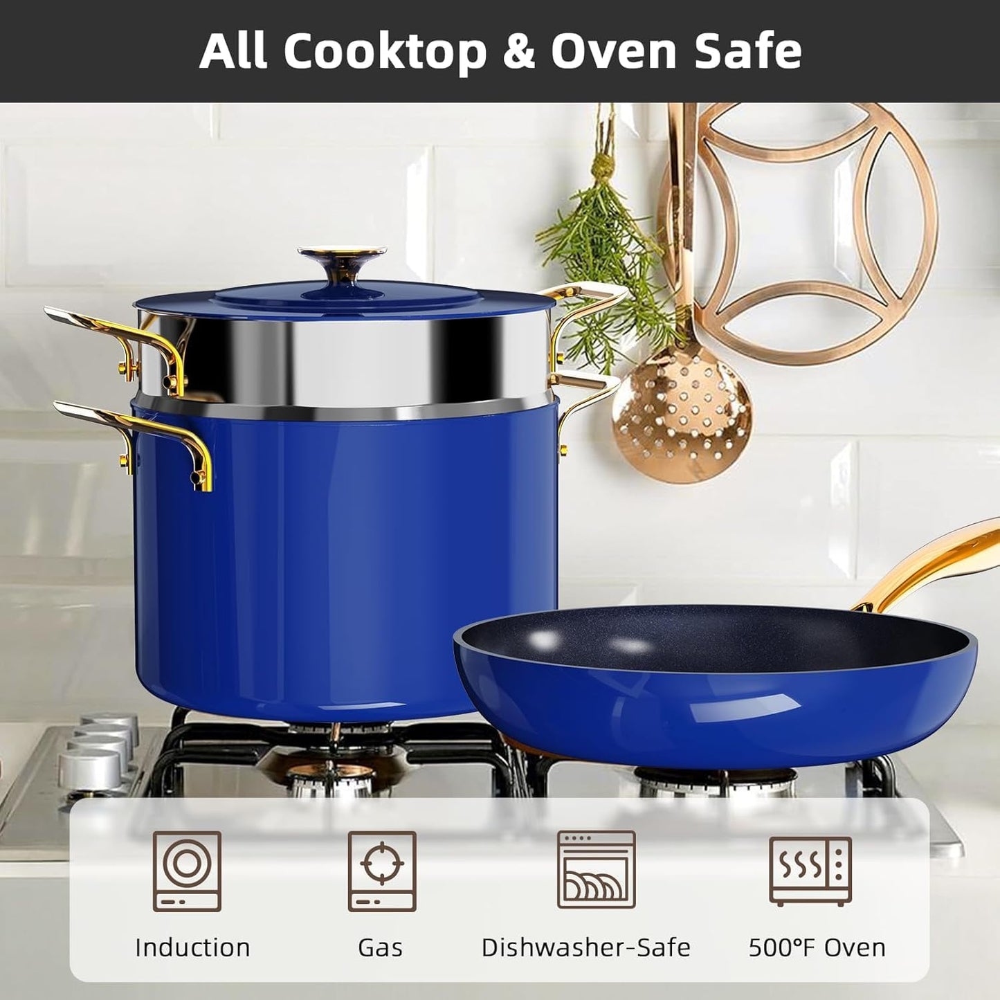 Nuwave Lux LE 13-Pc Cookware Set with Elegant Gold Handle, Diamond Infused Ceramic Non-Stick, PFAS Free, Premium Metal Lids, Ergonomic Stay-Cool Handles, Induction Ready & Compatible w/All Cooktops