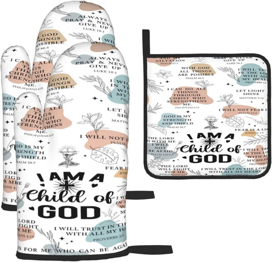 Christian Oven Mitts and Pot Holders Sets of 3, Heat Resistant Godmother Kitchen Gloves Hot Pads, Kitchen Cooking Baking Gifts for Women Cooks Bakers,Christian Gifts for Women Cooking Lover