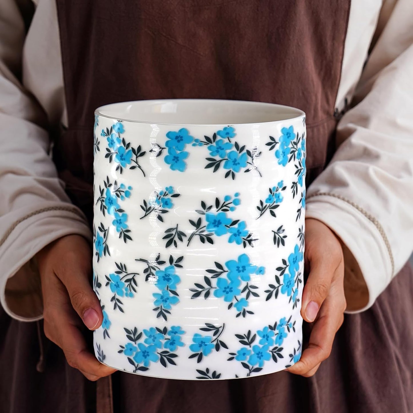 Kitchen Utensil Holder,7.2″Extra Large Stable Pattern Ceramic Utensil Crock,Utensil Organizer for Countertop,Kitchen Decor,Utensil Holder for Housewarming,Wedding Gift (Teal Blue)