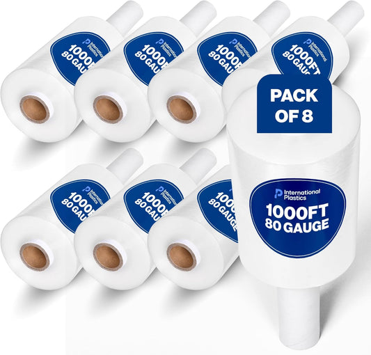 International Plastics Co. 18" Plastic Stretch Film/Wrap 1200ft 500% Stretch Clear Cling Durable Adhering Packing Moving Packaging Heavy Duty Shrink (5" Products, 8 Pack)