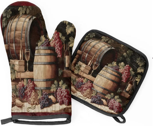 Vintage Wine and Ripe Grapes Oven Mitts and Pot Holders Sets, 2 Pcs Decorative Kitchen Oven Glove for Cooking