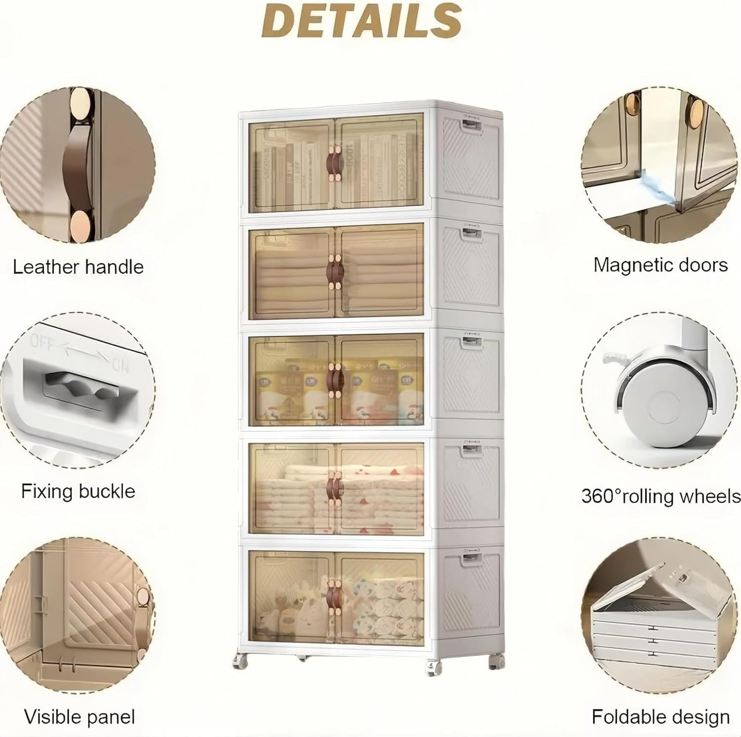 5-Tier Closet Organizer and Storage with 1 Lid, 95 Gal Stackable Storage Bins with Lids and Wheels, Folding Storage Boxes with Open Front Door for Closet and Office