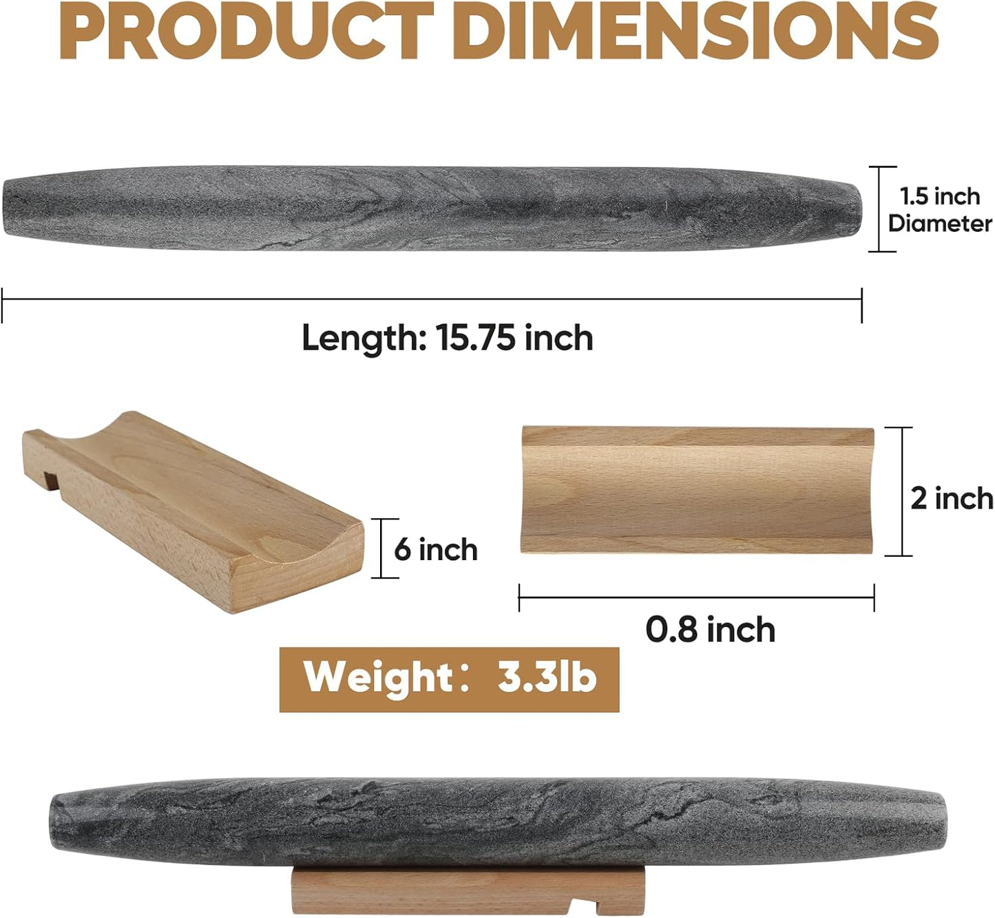 Koville African Natural Marble French Rolling Pin, 16inch Non-Stick Rolling Pin for Baking, Dough Roller for Pasta, Dumpling, Fondant, Pie, Bread, Pizza, Kitchen Baking Tools(Monte Grigio)