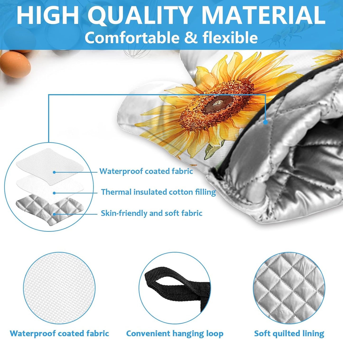 Watercolor Sunflower Oven Mitts and Pot Holders Sets Heat Resistant 4Pcs Busy Bee Potholders Oven Gloves Hot Pads for Kitchen Baking Cooking Grilling BBQ