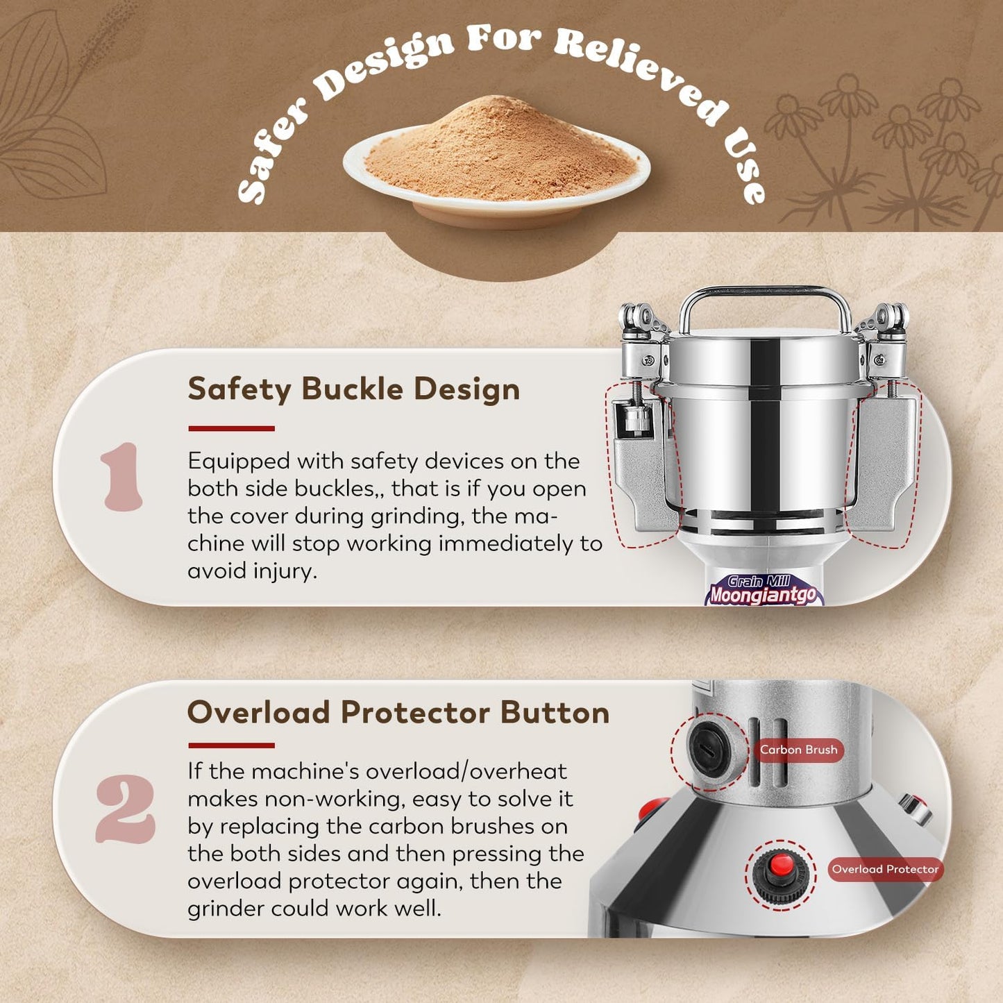 Moongiantgo Grain Mill Grinder Electric 300g Commercial Spice Grinder 1500W Stainless Steel Pulverizer Dry Grinding Machine for Wheat Corn Rice Pepper Herbs Coffee Beans (300g Upright, 110V)