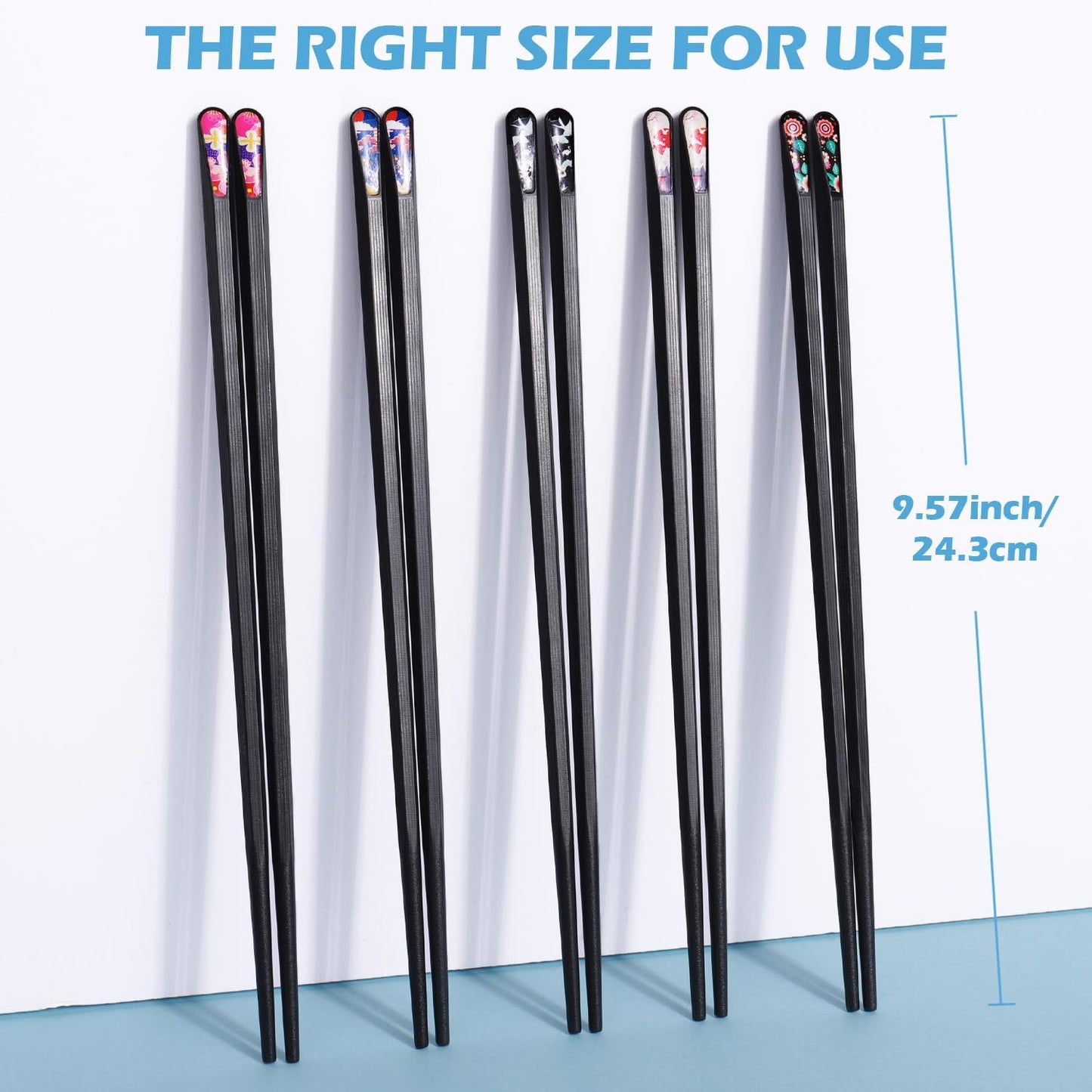 GLAMFIELDS 5 Pairs Premium Chopsticks Reusable Dishwasher Safe 9.5 Inch Fiberglass Chop Sticks Gift Set Hexagon Black Non Slip with the Printed Tops