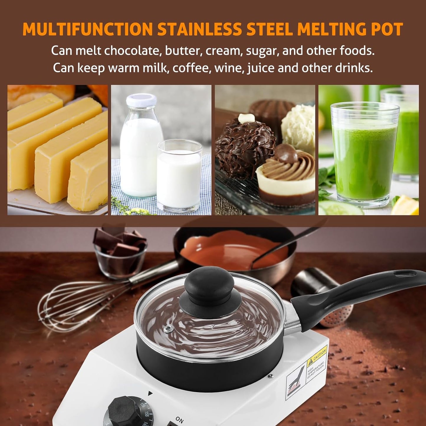 WICHEMI Chocolate Melting Pot Chocolate Tempering Machine Commercial Electric Chocolate Melter Fondue Pot for Chocolate, Butter, Cheese, Cream, Candy, Milk, Coffee, Desserts (Single Pot)