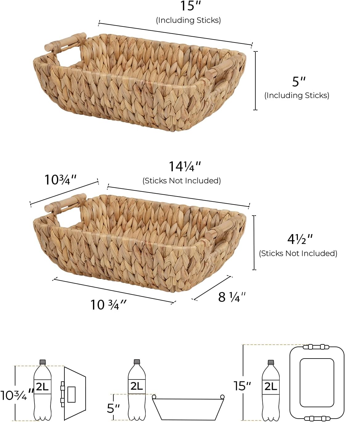 StorageWorks Hand-Woven Large Storage Baskets with Wooden Handles, Water Hyacinth Wicker Baskets for Organizing, 2-Pack