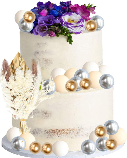 Gyufise 21 Pack Flower Boho Cake Topper Ball Cake Decorations Palm Leaves Plants Cake Decor for Girl Bohemian Princess Theme Wedding Baby Shower Birthday Party Supplies White