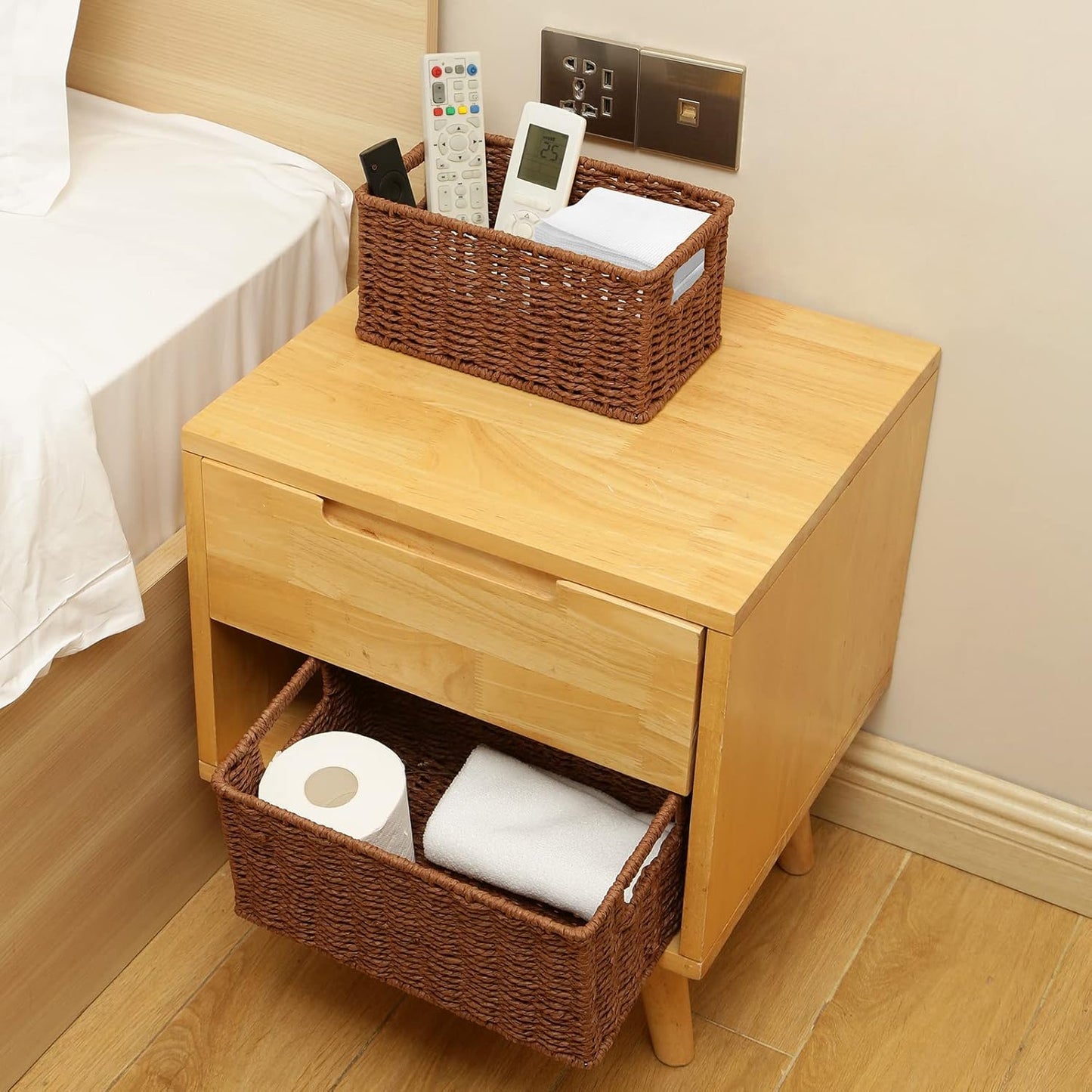 HOONEX Woven Baskets for Storage, Paper Rope Baskets with Sturdy Metal Wire Frame, Baskets for Shelves, Set of 2, Dark Brown