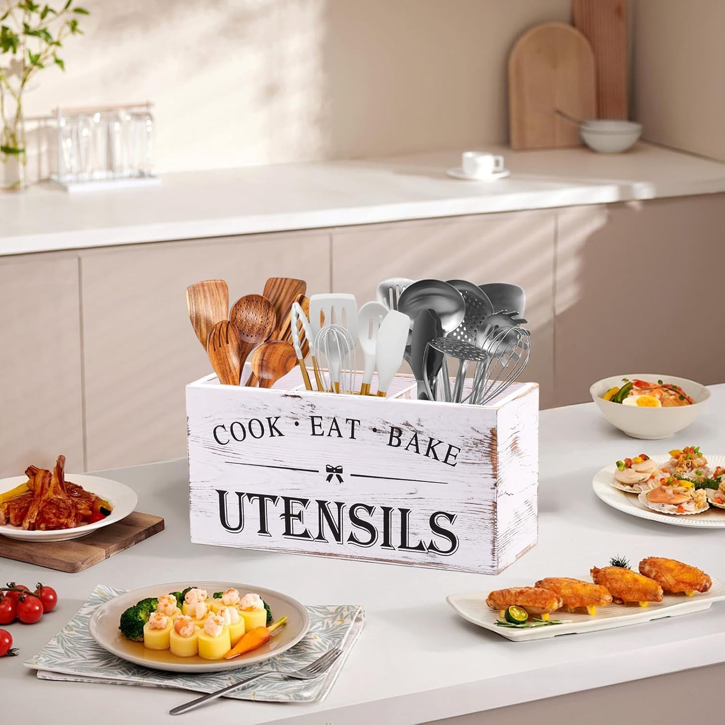 Kitchen Utensil Holder for Counter or Countertop, Extra Large Wood Organizer with 3 Compartments, Wooden Storage for Cooking and Silverware, Rustic Minimalist Decor, Sturdy Utensil Crock-White