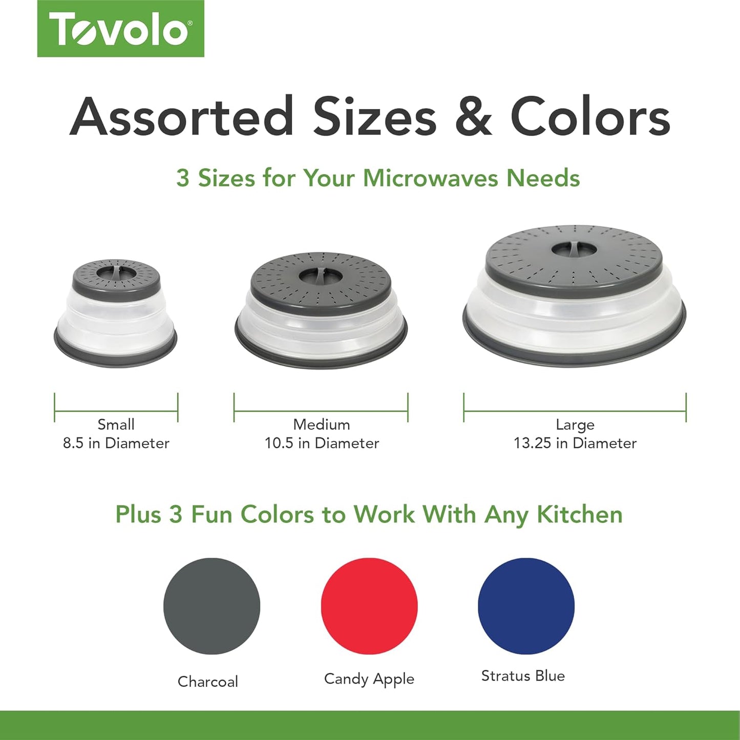 Tovolo Microwave Splatter Cover for Food, 3-Pack (Charcoal) - Collapsible & Vented Silicone Splatter Guard Lid - Microwave Plate & Dish Cover with Handle - BPA-Free Kitchen Gadget for Meal Prep