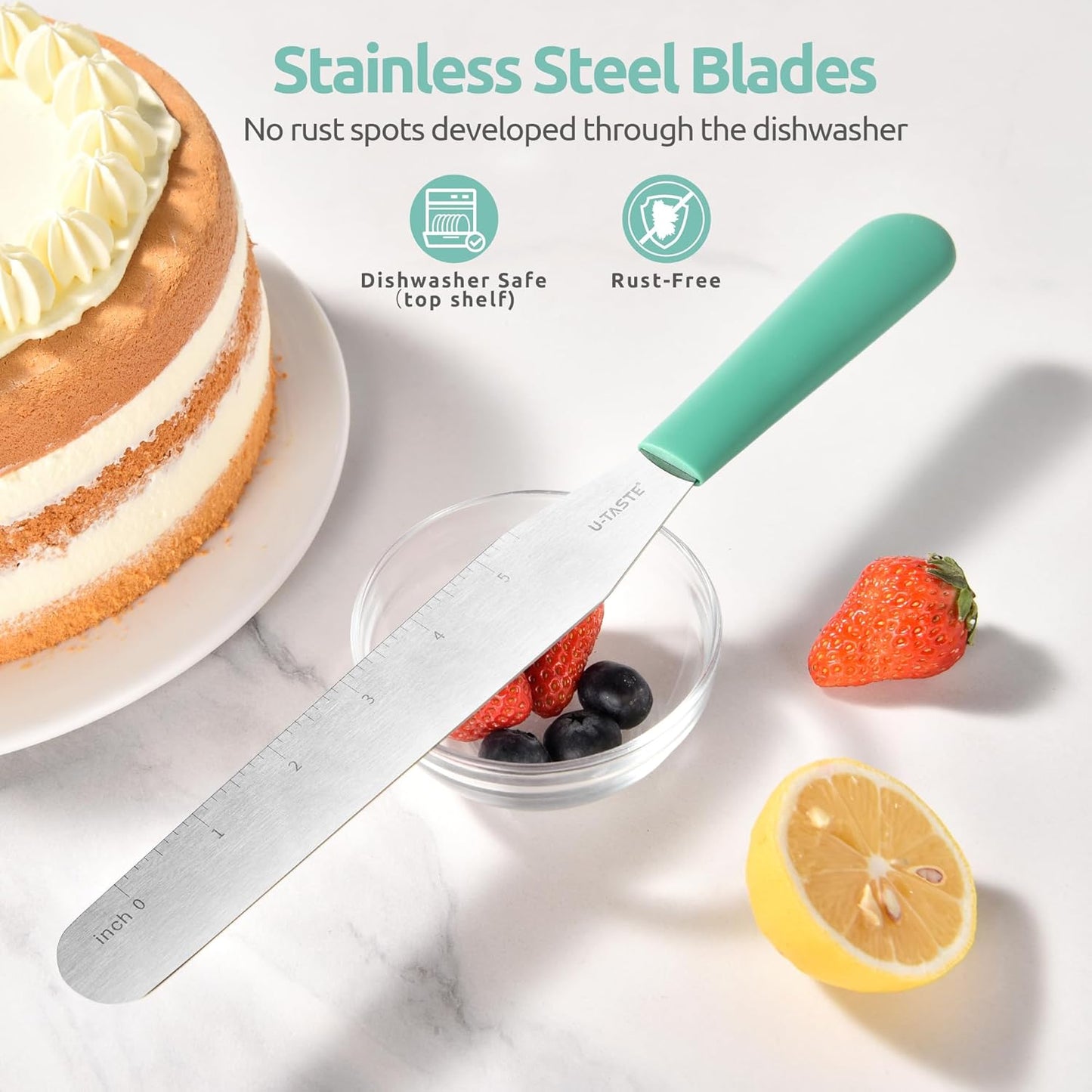 U-Taste 8in Cake Icing Spatula: Flexible Decorating Frosting Knife with Straight Thinner Stainless Steel Blade, Smooth Spreading Tools with Comfortable PP Handle for Cookie, Cream, Cupcake (Aqua Sky)