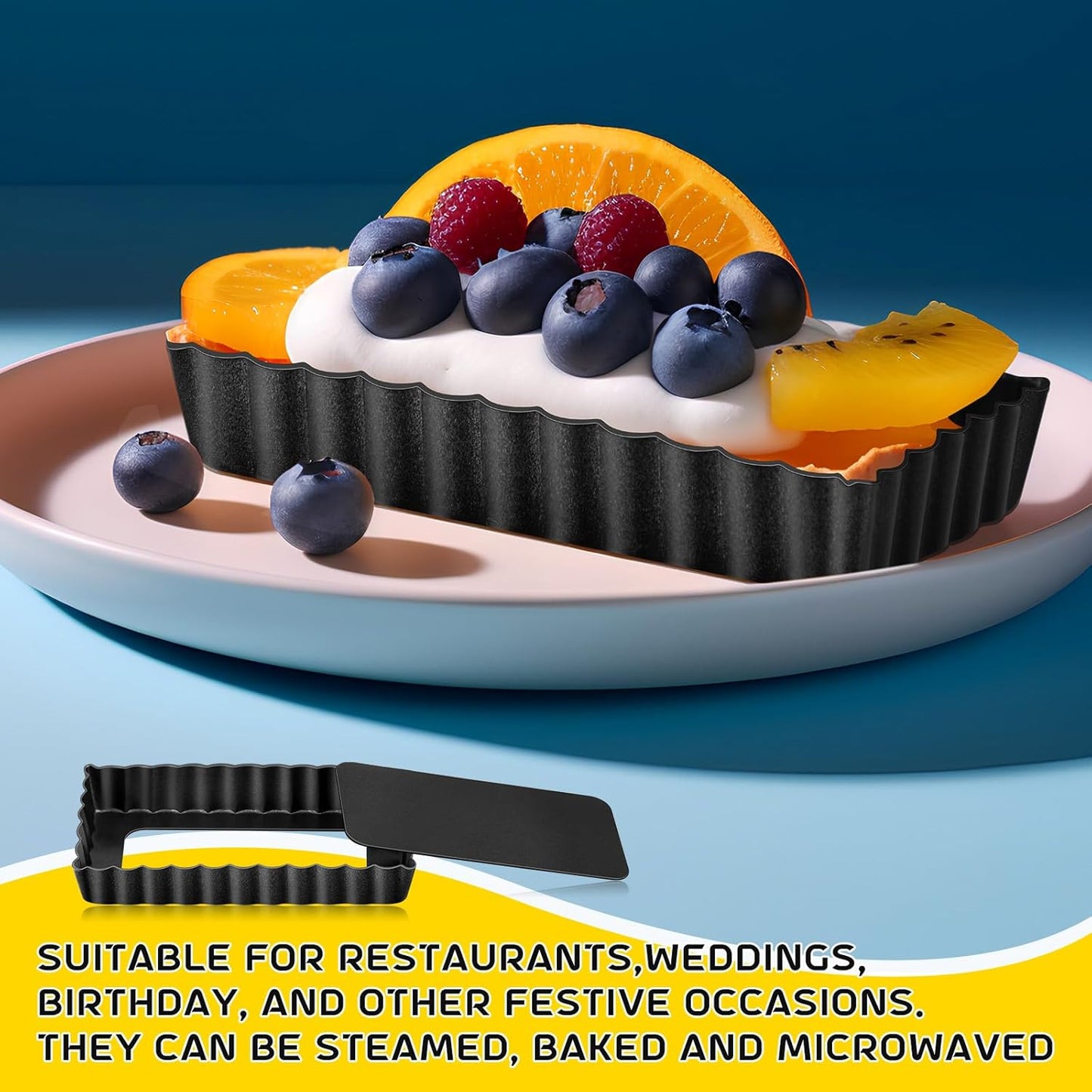 Tessco 16 Pieces Mini Tart Pans with Removable Bottom Nonstick Quiche Mini Pie Tart Pans Bakeware Mold Fluted Side for Pies(Black Rectangle,4.33 x 2.36 x 0.79 Inch)