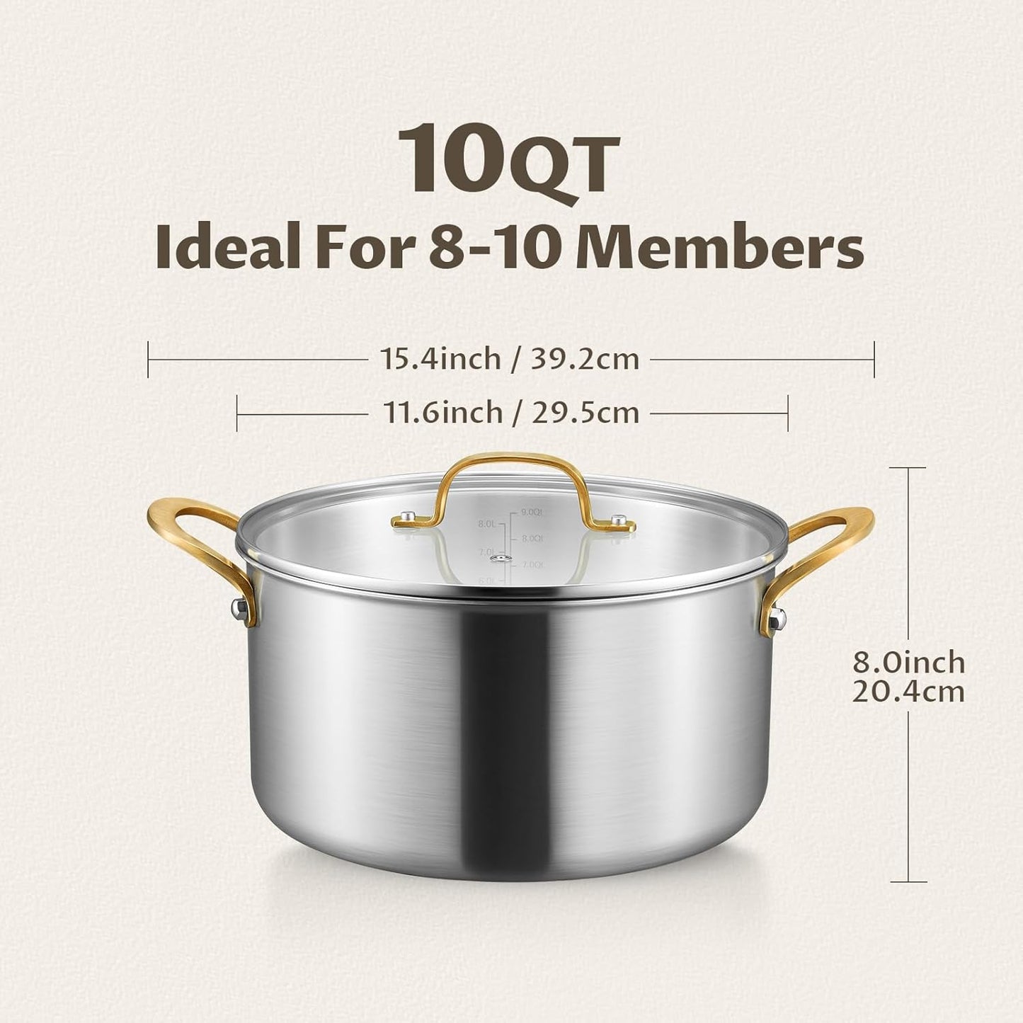 BEZIA 10 Quart Tri-Ply Stainless Steel Stock Pot, Nonstick Stockpot with Sturdy & Double Handle, Even Heating, Induction Cooking Pot for All Stoves, Large Soup Pot for Catering，Groups, Events, Silver