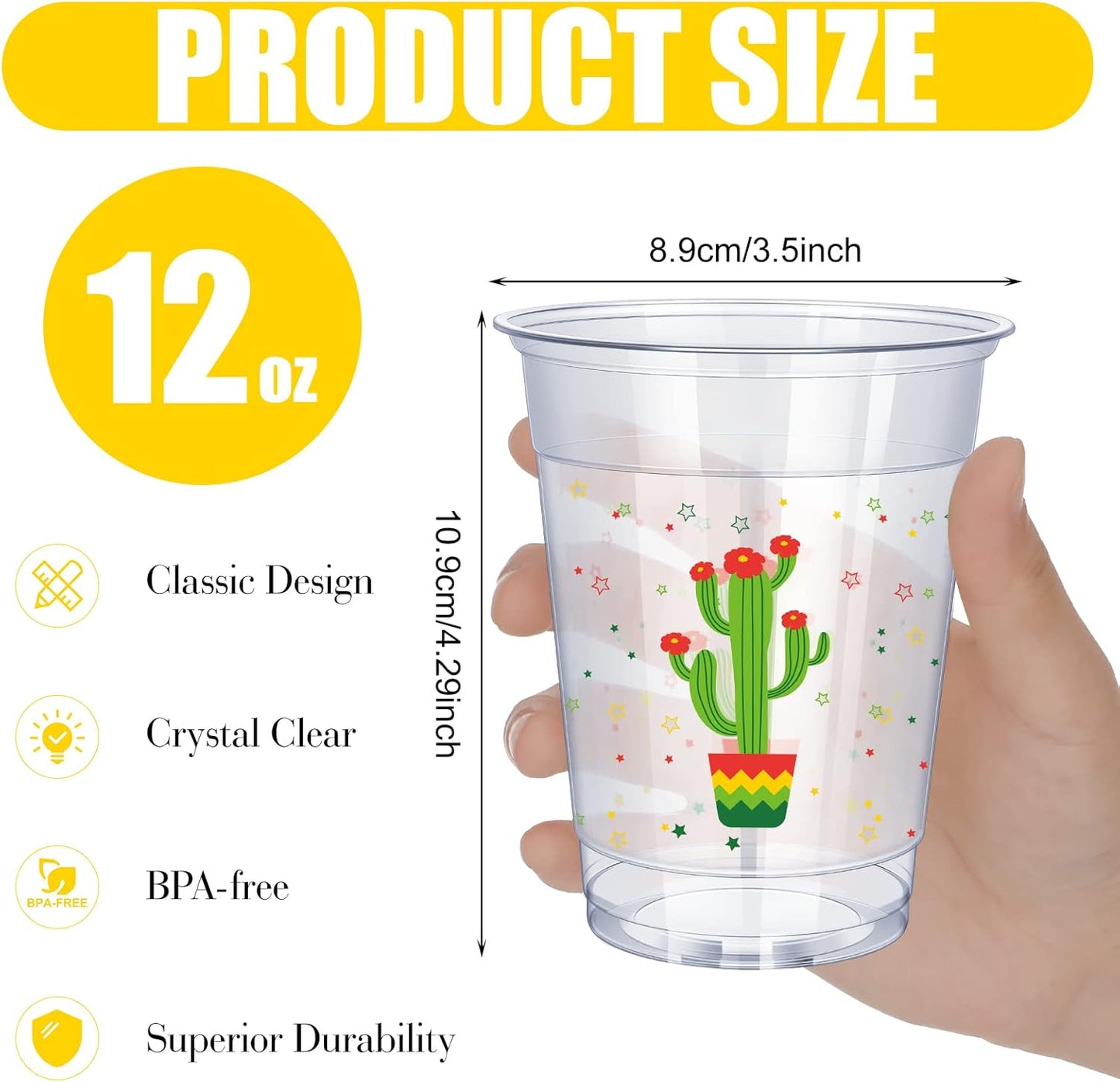 meekoo 50 Pack 12 oz Fiesta Cups Plastic Mexican Cups Clear Disposable Mug Cinco De Mayo Party Decorations for Fiesta Taco Birthday Party Drinkware Supplies, 4 Styles