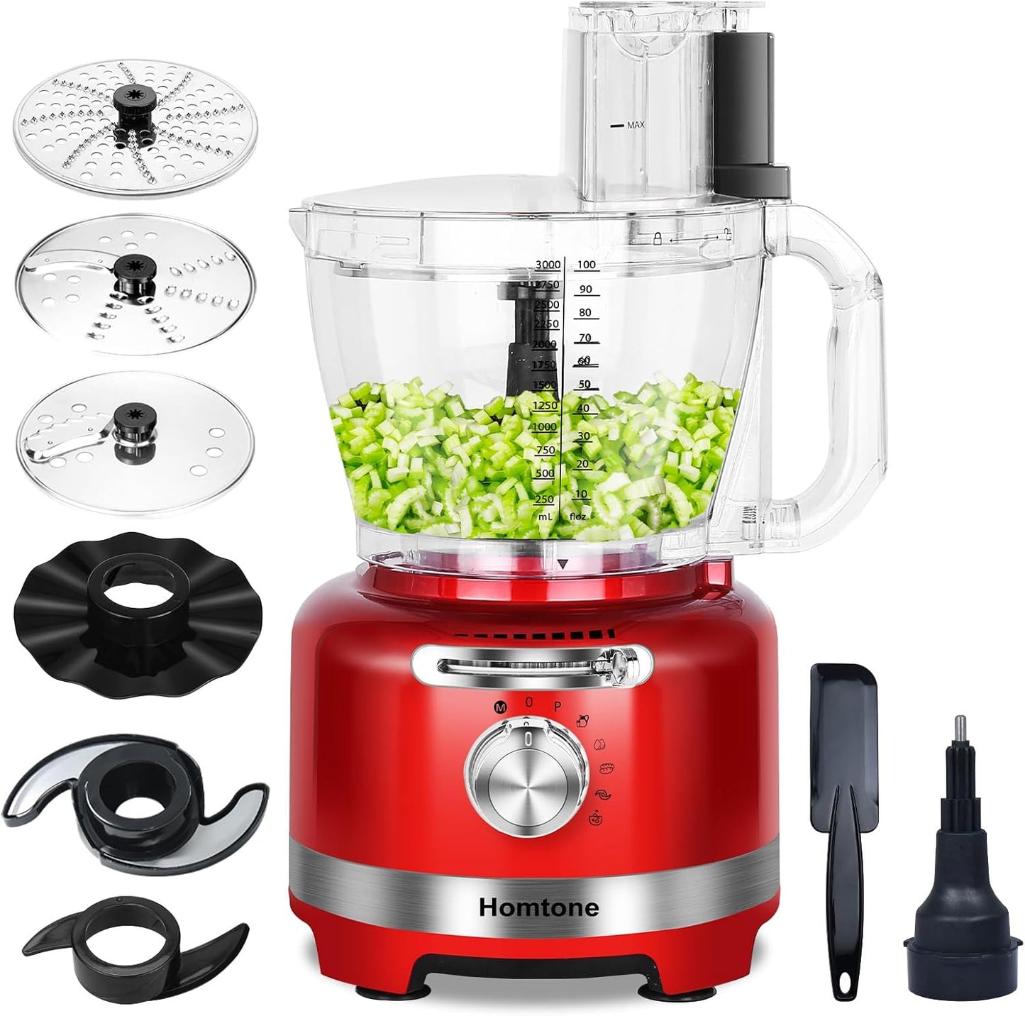 Homtone 16 Cup Food Processor, 6 Preset Modes& Stepless Speed Control for Dough Kneading, Meat Chopping, Slicing, Shredding, French Fries Potato Cuting, Cheese Grating& Whipping Cream, 650W, Red