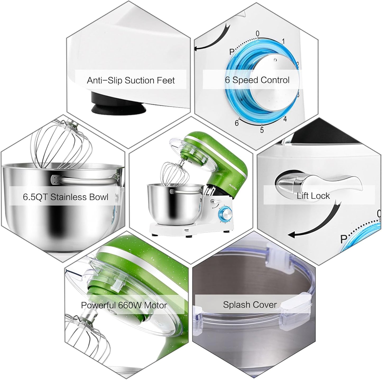 Aucma Stand Mixer,6.5QT 660W 6-Speed Tilt-Head Food Mixer, Kitchen Electric Mixer with Dough Hook, Wire Whip & Beater (Green-White, 6.5QT)